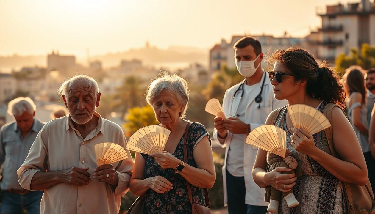 A poignant scene illustrating public health impacts on vulnerable populations during a heatwave in France. In the foreground, diverse individuals, including an elderly couple and a young mother with a child, are depicted wearing modest casual clothing, visibly affected by the heat, fanning themselves and looking concerned. In the middle ground, a healthcare worker, dressed in professional attire, offers assistance and information, symbolizing care and support. The background features a cityscape with sun-bleached buildings and trees, under a scorching sun, reflecting high temperatures. The atmosphere is tense yet hopeful, conveyed through warm, bright lighting and a slightly hazy air. Capture this moment with a slightly angled view, focusing on the human element and the challenges they face.