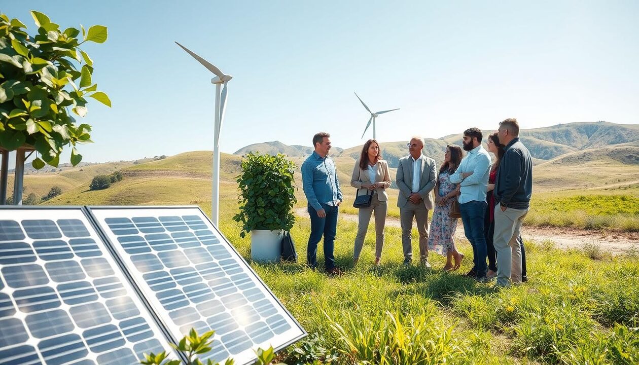 A serene outdoor scene showcasing low-tech sustainable technologies interacting harmoniously with nature. In the foreground, a small, innovative solar panel array and vertical garden filled with lush, green plants demonstrate eco-friendly practices. In the middle ground, a group of diverse individuals in casual yet professional attire engages in discussions around a small wind turbine and a water filtration system. The background features rolling hills under a clear blue sky, casting soft, natural light that enhances the vibrant colors of the landscape. The atmosphere feels optimistic and collaborative, emphasizing harmony between technology and the environment. Use a wide-angle perspective to capture the full essence of this sustainable ecosystem.