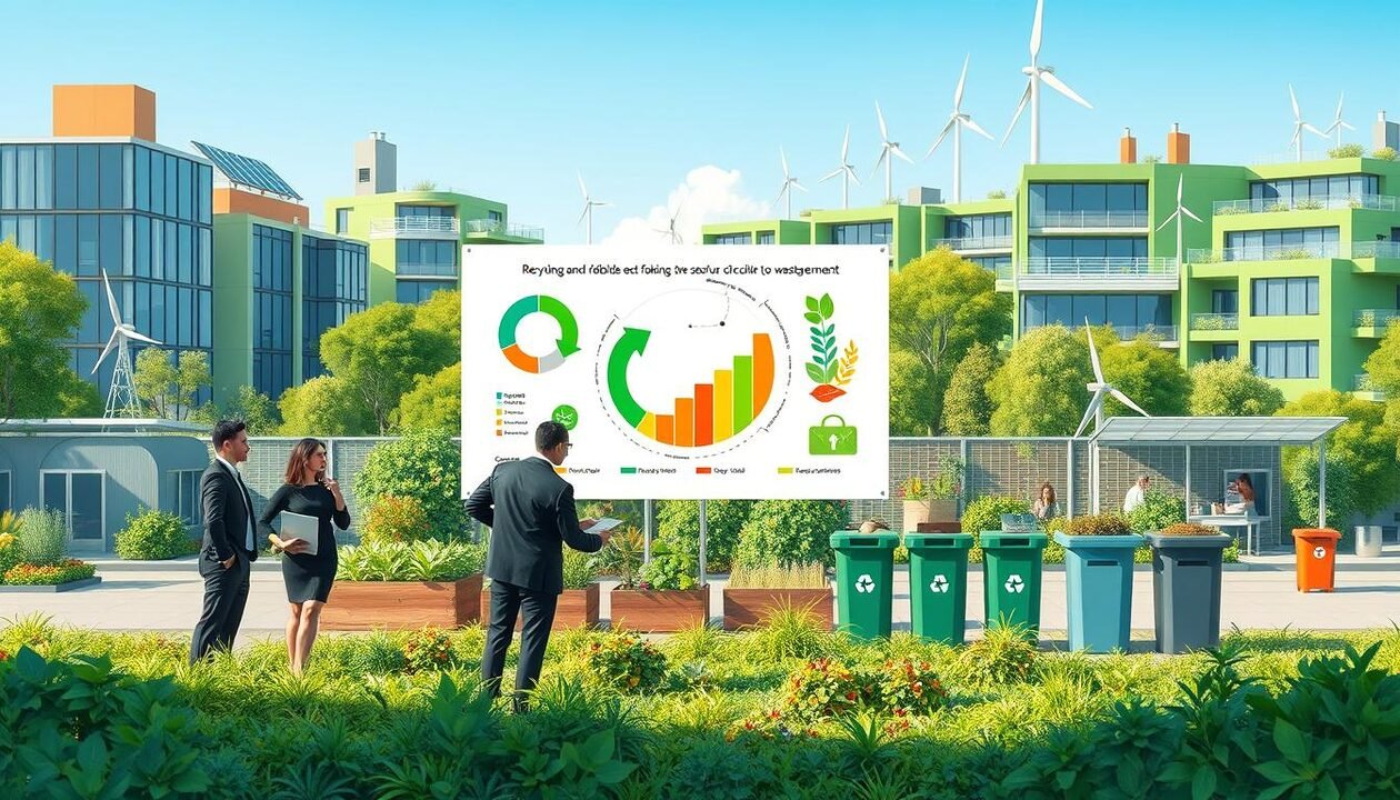 A vibrant illustration of circular economy and waste management in a sustainable urban setting. In the foreground, a diverse group of professionals in business attire collaboratively analyzing a large, colorful chart depicting recycling rates and waste reduction. The middle ground features a community garden flourishing with various plants, while innovative recycling bins and compost stations are prominently displayed, showcasing eco-friendly waste management practices. In the background, green buildings equipped with solar panels and wind turbines hint at renewable energy sources, under a clear blue sky. Soft, natural lighting bathes the scene, creating a hopeful and engaging atmosphere that emphasizes collaboration and sustainability in the context of ecological transition.