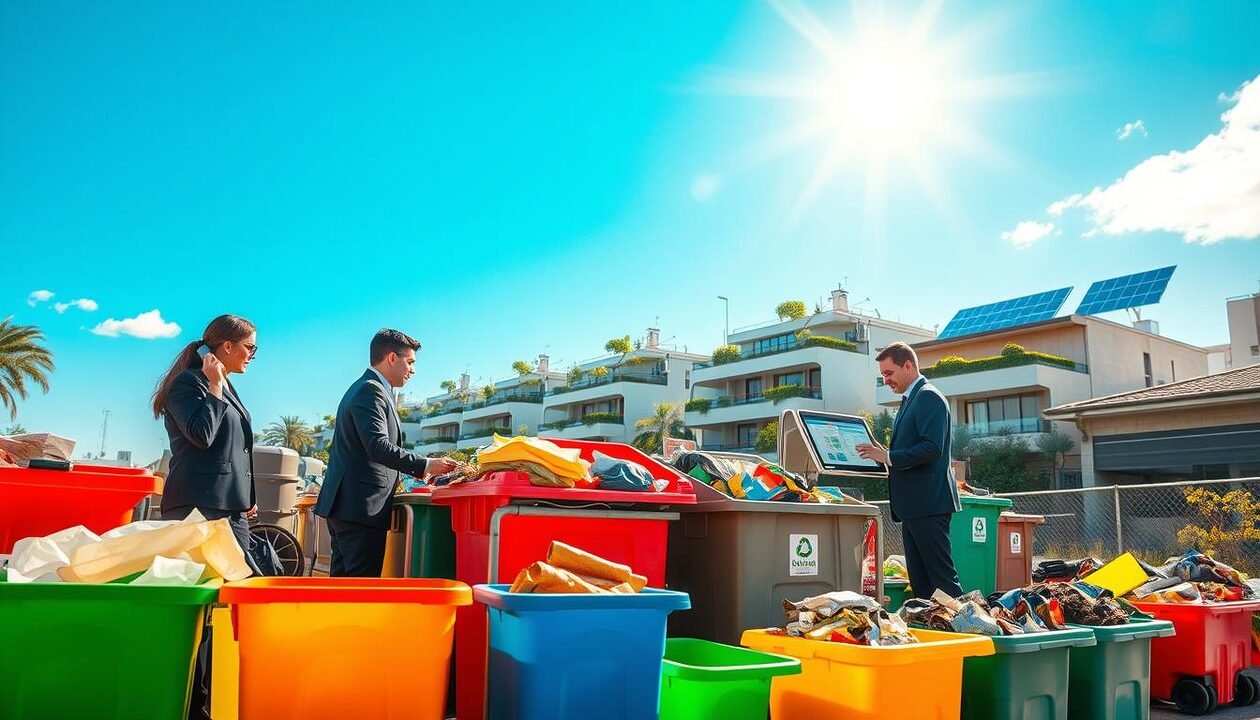 A vibrant scene depicting waste management during a heatwave in a sunlit urban environment. In the foreground, individuals in professional business attire collaborate at a recycling station surrounded by colorful bins for different types of waste. In the middle ground, a worker is using a composting system, while another checks a digital dashboard tracking waste collection efficiency. The background features a clear blue sky with the sun casting dynamic shadows, showcasing buildings equipped with greenery and solar panels, emphasizing circular economy practices. The atmosphere is one of active engagement and responsibility, highlighting innovative solutions for waste management amidst rising temperatures. Soft, warm lighting accentuates the bustling activity, focused on sustainability.