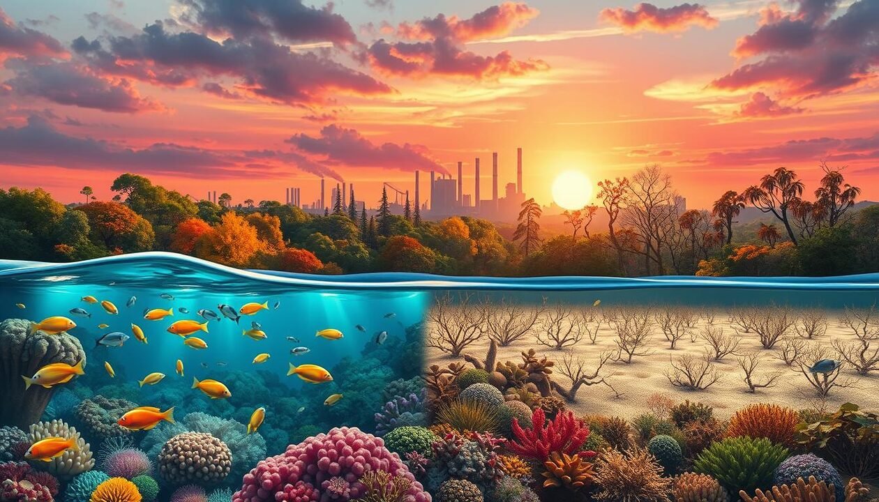 A vivid illustration depicting the impact of climate change on biodiversity. In the foreground, a healthy coral reef teeming with colorful fish contrasts sharply with a bleached, barren section of the reef. In the middle ground, a diverse forest shows both vibrant, lush trees on one side and withering trees affected by drought on the other. The background features a stark skyline of industrial buildings emitting pollution against a fading sunset, signifying environmental degradation. Natural light filters through the trees, creating an ethereal glow. The overall atmosphere is a mixture of hope and urgency, capturing the delicate balance of life under threat. Use a wide-angle perspective to emphasize both the vibrancy and devastation of nature.