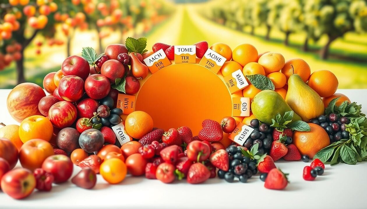 A beautifully arranged seasonal fruit calendar, showcasing a variety of ripe fruits such as apples, pears, oranges, strawberries, and berries, each placed in designated monthly sections. In the foreground, vibrant fruits are artistically displayed in a circular layout, with labels indicating their peak seasons. The middle section features a subtle gradient background reflecting the changing colors of the seasons, transitioning from warm autumn hues to fresh spring greens. In the background, soft, blurred images of orchards and fields evoke the lush environments where these fruits thrive. The lighting is bright and warm, creating a welcoming atmosphere that emphasizes freshness and abundance. Capture this scene from a slightly elevated angle to showcase the entire arrangement harmoniously.