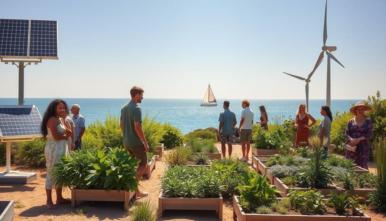 A coastal scene illustrating sustainable solutions for heatwaves, featuring a vibrant beachfront in the Vendée region. In the foreground, people of diverse backgrounds, dressed in casual, modest clothing, engage with eco-friendly technology like solar panels and wind turbines, showcasing their commitment to resilience against rising temperatures. The middle ground includes lush greenery, native plants, and community gardens that thrive under the sun, emphasizing biodiversity and sustainable practices. The background displays the ocean, a few sailboats gliding gently across the water, with a bright, sunny sky casting warm light on the scene. The atmosphere is hopeful and vibrant, conveying a sense of community action and innovation against climate challenges. A coastal scene illustrating sustainable solutions for heatwaves, featuring a vibrant beachfront in the Vendée region. In the foreground, people of diverse backgrounds, dressed in casual, modest clothing, engage with eco-friendly technology like solar panels and wind turbines, showcasing their commitment to resilience against rising temperatures. The middle ground includes lush greenery, native plants, and community gardens that thrive under the sun, emphasizing biodiversity and sustainable practices. The background displays the ocean, a few sailboats gliding gently across the water, with a bright, sunny sky casting warm light on the scene. The atmosphere is hopeful and vibrant, conveying a sense of community action and innovation against climate challenges.
