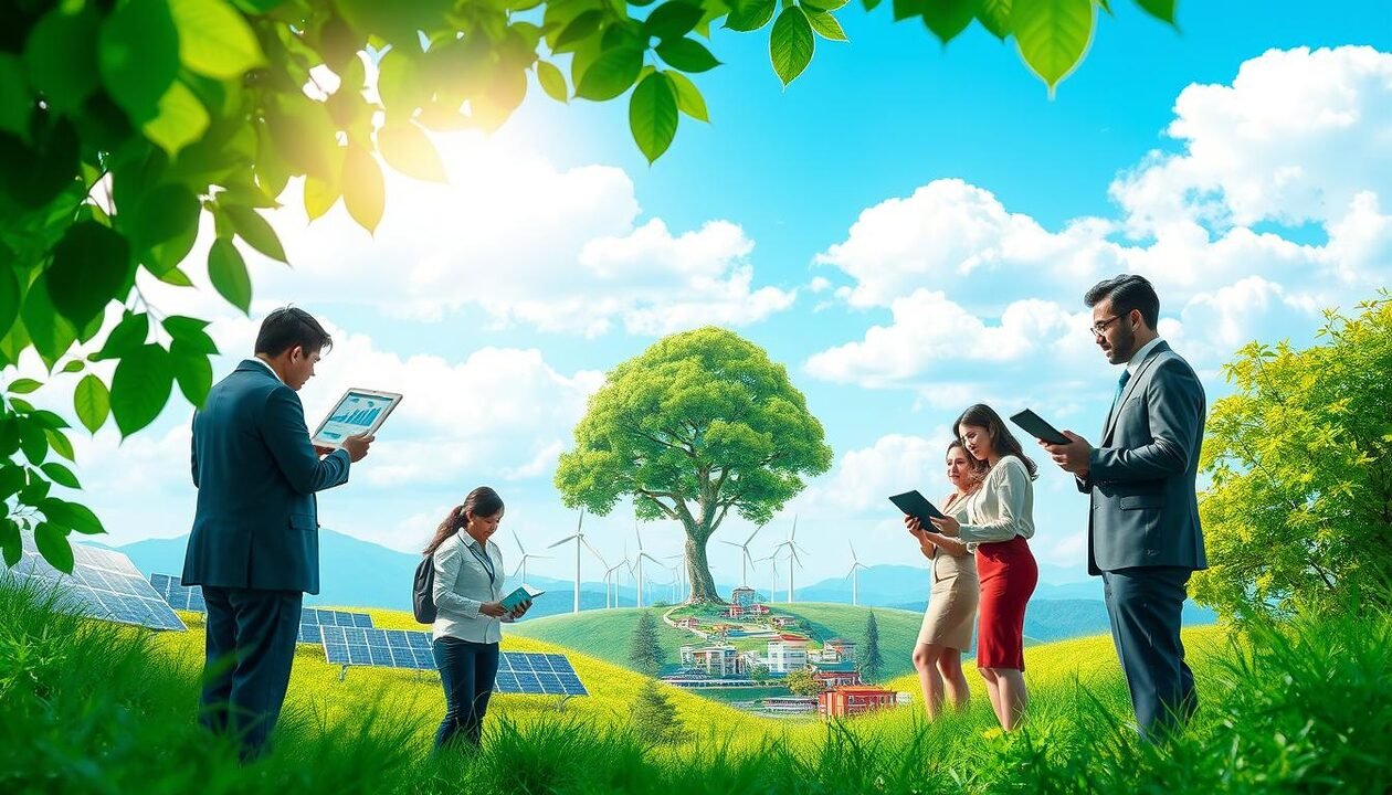 A conceptual illustration depicting the environmental impact of energy and climate. In the foreground, a diverse group of professionals in business attire analyzes environmental data charts on tablets amidst a thriving green landscape filled with solar panels and wind turbines. In the middle ground, a large tree symbolizes nature's resilience, while a small urban area showcases energy-efficient buildings. The background features a bright blue sky dotted with fluffy clouds, signifying a hopeful future. Natural light filters through the leaves, creating a warm, optimistic atmosphere. The composition emphasizes the balance between human innovation and nature, capturing the essence of measuring and reducing environmental impact in the energy sector.