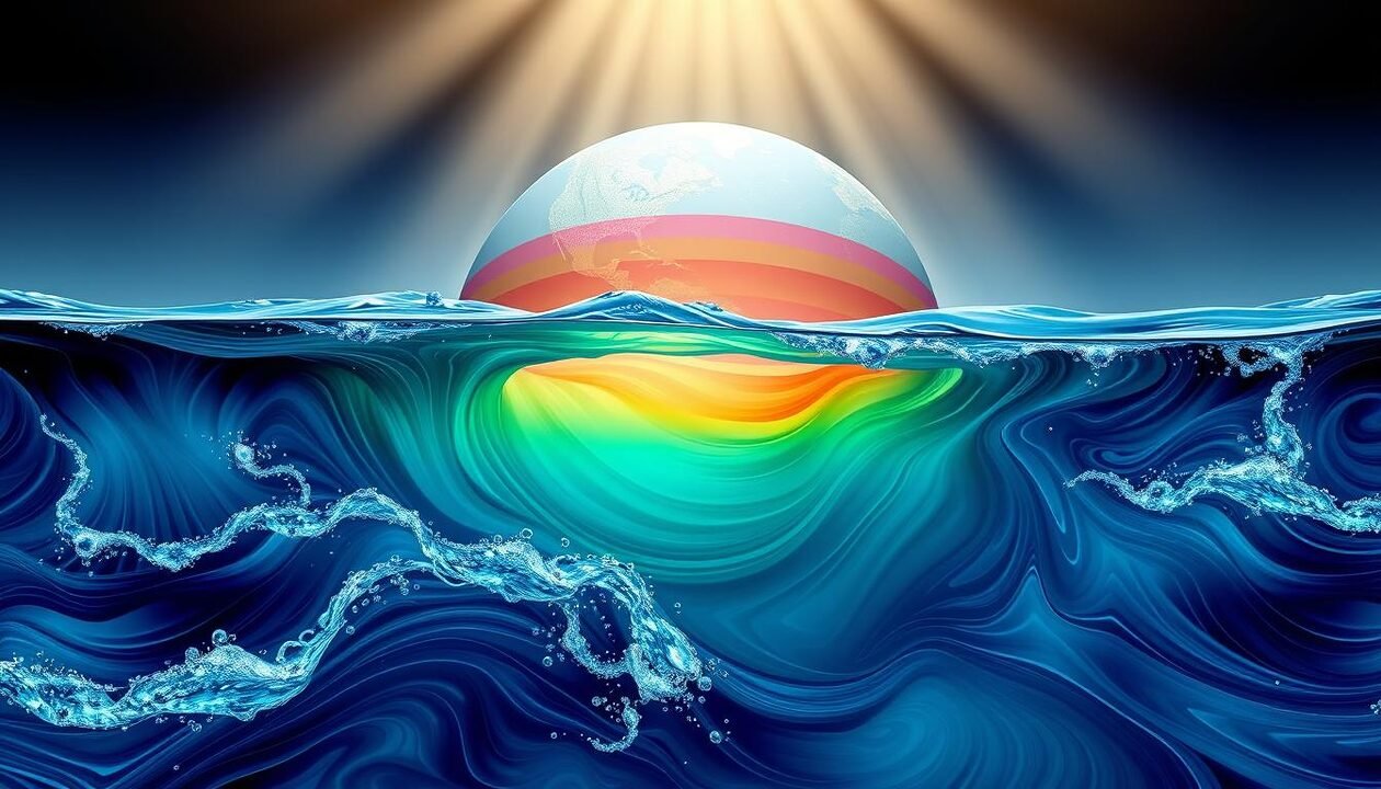 A detailed depiction of the Atlantic Meridional Overturning Circulation (AMOC), featuring ocean currents flowing in a circular pattern. In the foreground, show vibrant blue water currents merging with deep green, symbolizing nutrient-rich waters. Include animated, swirling eddies and bubbles to indicate movement. In the middle ground, illustrate an abstract representation of warm and cold water layers interacting, with gradients of warm reds and cool blues, highlighting the transition between them. The background should depict a stylized globe focusing on the Atlantic Ocean, with light rays penetrating from above to create a bright and enlightening atmosphere. Use a wide-angle perspective to enhance depth, and incorporate soft, natural lighting for a serene yet dynamic feel, emphasizing the importance of this oceanic phenomenon. The overall mood should be scientific and informative, without any text or figures present. A detailed depiction of the Atlantic Meridional Overturning Circulation (AMOC), featuring ocean currents flowing in a circular pattern. In the foreground, show vibrant blue water currents merging with deep green, symbolizing nutrient-rich waters. Include animated, swirling eddies and bubbles to indicate movement. In the middle ground, illustrate an abstract representation of warm and cold water layers interacting, with gradients of warm reds and cool blues, highlighting the transition between them. The background should depict a stylized globe focusing on the Atlantic Ocean, with light rays penetrating from above to create a bright and enlightening atmosphere. Use a wide-angle perspective to enhance depth, and incorporate soft, natural lighting for a serene yet dynamic feel, emphasizing the importance of this oceanic phenomenon. The overall mood should be scientific and informative, without any text or figures present.