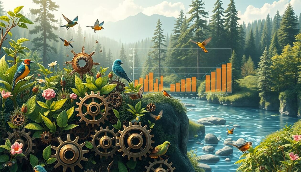 A detailed illustration depicting the mechanisms and key figures of an ecosystem. In the foreground, show interconnected gears and cogs symbolizing the dynamic interactions within ecosystems, surrounded by vibrant green plants and diverse wildlife, such as birds and insects. In the middle ground, incorporate abstract charts and graphs representing data points and statistics relevant to ecosystems, highlighted with bright colors to enhance clarity. The background features a serene landscape of lush forests and a river, bathed in soft, natural light to evoke a sense of harmony. Use a wide-angle lens perspective to create depth, capturing both the intricacy of the mechanisms and the beauty of the natural environment. The overall mood should be enlightening and inspiring, emphasizing the balance between nature and data-driven insights. A detailed illustration depicting the mechanisms and key figures of an ecosystem. In the foreground, show interconnected gears and cogs symbolizing the dynamic interactions within ecosystems, surrounded by vibrant green plants and diverse wildlife, such as birds and insects. In the middle ground, incorporate abstract charts and graphs representing data points and statistics relevant to ecosystems, highlighted with bright colors to enhance clarity. The background features a serene landscape of lush forests and a river, bathed in soft, natural light to evoke a sense of harmony. Use a wide-angle lens perspective to create depth, capturing both the intricacy of the mechanisms and the beauty of the natural environment. The overall mood should be enlightening and inspiring, emphasizing the balance between nature and data-driven insights.