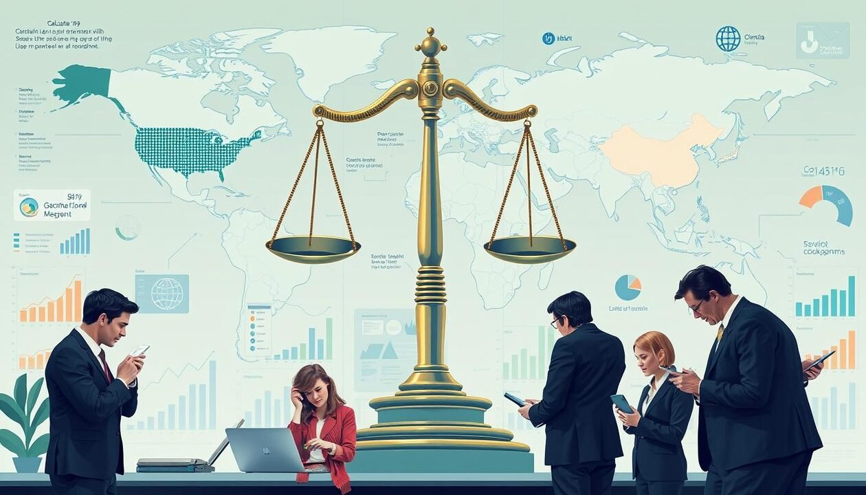 A detailed illustration depicting the mechanisms for calculating the "day of overshoot," featuring prominently a large, intricate balance scale at the center. The background should include a world map highlighting various countries with their ecological footprints, surrounded by charts and graphs that represent data trends. In the foreground, a diverse group of professionals in business attire, intensely discussing calculations with calculators and laptops, immersed in the analytical process. Soft, ambient lighting with a cool color palette to reflect a serious and contemplative mood. The angle should be slightly elevated, providing a comprehensive view of the dynamics at play, while ensuring the overall composition is clean and focused on the theme of environmental overshoot. A detailed illustration depicting the mechanisms for calculating the "day of overshoot," featuring prominently a large, intricate balance scale at the center. The background should include a world map highlighting various countries with their ecological footprints, surrounded by charts and graphs that represent data trends. In the foreground, a diverse group of professionals in business attire, intensely discussing calculations with calculators and laptops, immersed in the analytical process. Soft, ambient lighting with a cool color palette to reflect a serious and contemplative mood. The angle should be slightly elevated, providing a comprehensive view of the dynamics at play, while ensuring the overall composition is clean and focused on the theme of environmental overshoot.