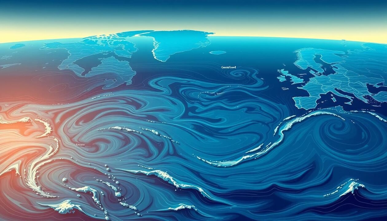 A detailed illustration of the Atlantic Meridional Overturning Circulation (AMOC), featuring a large map-like representation of ocean currents in deep blue and turquoise hues. In the foreground, depict swirling ocean currents illustrating the warm surface flow from the Gulf Stream moving northward, contrasted with cool, deep-water currents sinking in the North Atlantic. In the middle ground, visualize essential oceanic features such as the Greenland and Iceland regions, prominently placed to highlight their role in the circulation. The background should include a soft gradient of the sky transitioning from dawn to midday, symbolizing the dynamic and ever-changing nature of oceanic systems. Utilize dramatic lighting to emphasize the motion within the water, creating a sense of flow and energy throughout the composition. Aim for a scientifically inspired and informative atmosphere, capturing the complexity and significance of the AMOC. A detailed illustration of the Atlantic Meridional Overturning Circulation (AMOC), featuring a large map-like representation of ocean currents in deep blue and turquoise hues. In the foreground, depict swirling ocean currents illustrating the warm surface flow from the Gulf Stream moving northward, contrasted with cool, deep-water currents sinking in the North Atlantic. In the middle ground, visualize essential oceanic features such as the Greenland and Iceland regions, prominently placed to highlight their role in the circulation. The background should include a soft gradient of the sky transitioning from dawn to midday, symbolizing the dynamic and ever-changing nature of oceanic systems. Utilize dramatic lighting to emphasize the motion within the water, creating a sense of flow and energy throughout the composition. Aim for a scientifically inspired and informative atmosphere, capturing the complexity and significance of the AMOC.