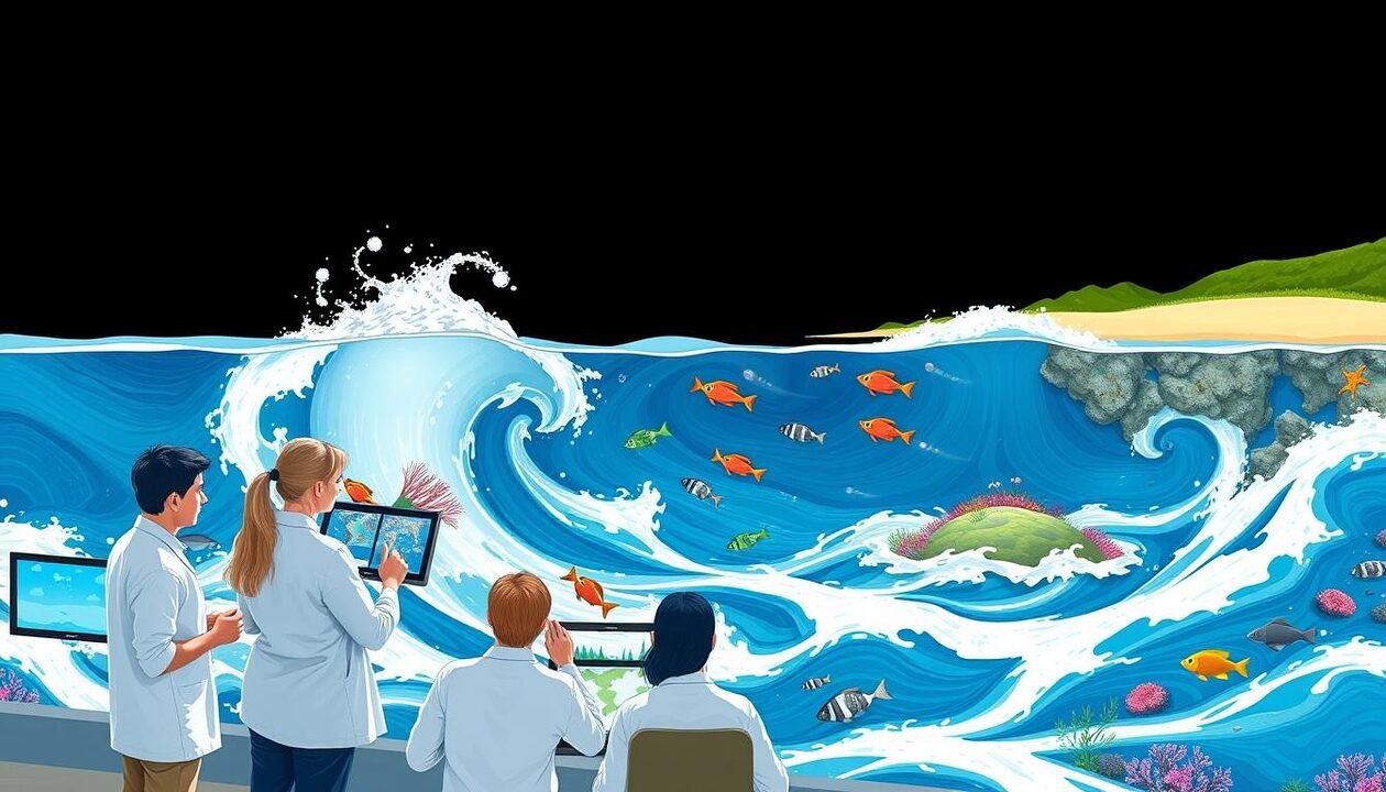 A detailed illustration of the Atlantic Meridional Overturning Circulation, showcasing its complex mechanisms and sustainable solutions in response to climate challenges. In the foreground, depict a diverse group of scientists in modest casual attire studying ocean currents and climate data on digital screens. In the middle ground, illustrate the dynamic movement of ocean water, swirling currents, and vibrant marine life symbolizing healthy ecosystems. The background should show a stark contrast between thriving coastal landscapes and the negative impacts of climate change, such as fading coral reefs. Use bright, natural lighting to highlight the scientific focus, creating a hopeful and innovative atmosphere. The angle should be slightly elevated to capture both the scientists' engagement and the vast ocean below. A detailed illustration of the Atlantic Meridional Overturning Circulation, showcasing its complex mechanisms and sustainable solutions in response to climate challenges. In the foreground, depict a diverse group of scientists in modest casual attire studying ocean currents and climate data on digital screens. In the middle ground, illustrate the dynamic movement of ocean water, swirling currents, and vibrant marine life symbolizing healthy ecosystems. The background should show a stark contrast between thriving coastal landscapes and the negative impacts of climate change, such as fading coral reefs. Use bright, natural lighting to highlight the scientific focus, creating a hopeful and innovative atmosphere. The angle should be slightly elevated to capture both the scientists' engagement and the vast ocean below.