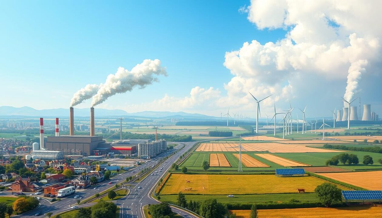 A detailed illustration showcasing the major sources of greenhouse gas emissions, set in a split composition. In the foreground, depict a bustling cityscape with factories emitting smoke, vehicles bustling through traffic, and residential areas. In the middle ground, show expansive farmland with livestock and agricultural activities contributing to emissions, alongside renewable energy sources like wind turbines and solar panels. The background should feature a blue sky transitioning to a hazy, polluted horizon, emphasizing environmental issues. Employ bright, natural lighting to create a contrast between clean energy and pollution. Use a wide-angle lens to capture the vastness of the scene for a dynamic perspective. The atmosphere should convey urgency and awareness regarding climate change, creating a thought-provoking visual impact without any text or watermarks. A detailed illustration showcasing the major sources of greenhouse gas emissions, set in a split composition. In the foreground, depict a bustling cityscape with factories emitting smoke, vehicles bustling through traffic, and residential areas. In the middle ground, show expansive farmland with livestock and agricultural activities contributing to emissions, alongside renewable energy sources like wind turbines and solar panels. The background should feature a blue sky transitioning to a hazy, polluted horizon, emphasizing environmental issues. Employ bright, natural lighting to create a contrast between clean energy and pollution. Use a wide-angle lens to capture the vastness of the scene for a dynamic perspective. The atmosphere should convey urgency and awareness regarding climate change, creating a thought-provoking visual impact without any text or watermarks.