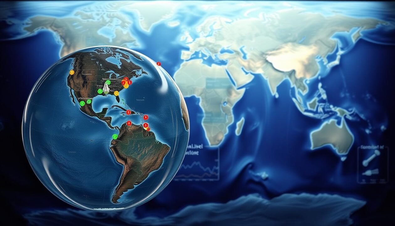 A detailed map visualization depicting projected sea level rise. In the foreground, a semi-transparent globe showcases various coastal regions marked with color-coded indicators representing different levels of projected flooding. In the middle ground, a digital interface displays simulation data, including graphs and charts, contrasting pre-and post-projection scenarios. The background features a stylistic world map with a soft gradient, transitioning from deep blue ocean tones to lighter waves, symbolizing the rising waters. Include elements like floating icons of cities and landmarks, subtly submerged in water. The atmosphere is serious and informative, illuminated by a soft, even light to enhance clarity, with a slight tilt-angle perspective for depth, evoking a sense of urgency and awareness. A detailed map visualization depicting projected sea level rise. In the foreground, a semi-transparent globe showcases various coastal regions marked with color-coded indicators representing different levels of projected flooding. In the middle ground, a digital interface displays simulation data, including graphs and charts, contrasting pre-and post-projection scenarios. The background features a stylistic world map with a soft gradient, transitioning from deep blue ocean tones to lighter waves, symbolizing the rising waters. Include elements like floating icons of cities and landmarks, subtly submerged in water. The atmosphere is serious and informative, illuminated by a soft, even light to enhance clarity, with a slight tilt-angle perspective for depth, evoking a sense of urgency and awareness.