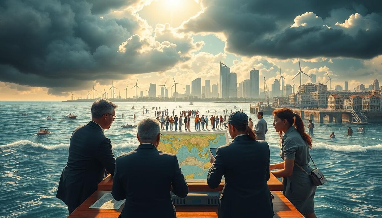 A detailed scene illustrating the socio-economic impacts of climate change, featuring a coastal city with rising sea levels. In the foreground, professionals in business attire discuss climate adaptation strategies, surrounded by maps and data on a table. In the middle, a diverse group of citizens, including families and workers, faces challenges from flooding and extreme weather, showing signs of resilience and collaboration. The background highlights a skyline with renewable energy sources like wind turbines and solar panels, under a dramatic sky with contrasting sunlight and dark storm clouds, emphasizing urgency and hope. Use warm, natural lighting to create an atmosphere of determination and innovation. The perspective should be slightly elevated to capture the full depth of the scene, inviting a sense of engagement. A detailed scene illustrating the socio-economic impacts of climate change, featuring a coastal city with rising sea levels. In the foreground, professionals in business attire discuss climate adaptation strategies, surrounded by maps and data on a table. In the middle, a diverse group of citizens, including families and workers, faces challenges from flooding and extreme weather, showing signs of resilience and collaboration. The background highlights a skyline with renewable energy sources like wind turbines and solar panels, under a dramatic sky with contrasting sunlight and dark storm clouds, emphasizing urgency and hope. Use warm, natural lighting to create an atmosphere of determination and innovation. The perspective should be slightly elevated to capture the full depth of the scene, inviting a sense of engagement.