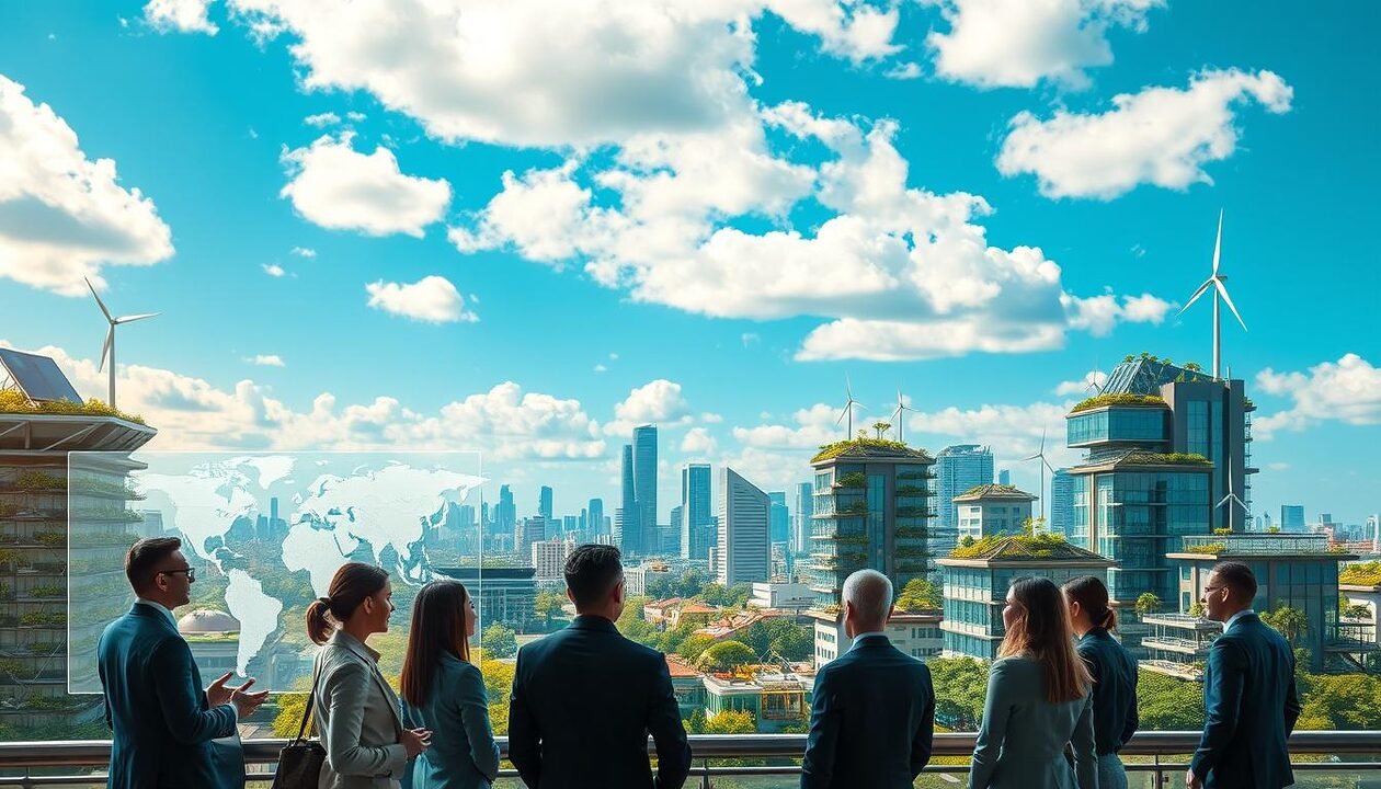 A futuristic cityscape illustrating strategies for climate change mitigation and adaptation, focusing on green architecture. In the foreground, a diverse group of professionals wearing business attire engages in a collaborative discussion around an interactive digital map displaying climate data. The middle ground features eco-friendly buildings with vertical gardens, solar panels, and wind turbines perched atop rooftops. In the background, you can see a vibrant skyline under a bright blue sky with scattered clouds, suggesting a hopeful future. The lighting conveys a warm afternoon glow, highlighting the harmonious blend of nature and technology. The overall atmosphere is one of innovation and optimism, emphasizing the importance of sustainable practices for the future.