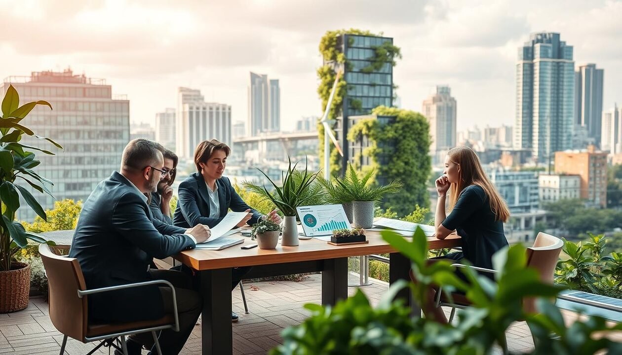 A serene and inspiring scene depicting the concept of green finance and responsible investment in the climate sector. In the foreground, visualize a diverse group of professionals in business attire engaged in thoughtful discussion around a table made of recycled materials, with eco-friendly papers and charts showcasing positive climate data. In the middle ground, include lush green plants and symbols of renewable energy, such as wind turbines and solar panels, symbolizing growth and innovation. The background should feature a cityscape, blending modern architecture with nature, such as vertical gardens on buildings. Soft, natural lighting illuminates the scene, creating a warm and optimistic atmosphere, with a wide-angle perspective to enhance depth and engagement in the image.