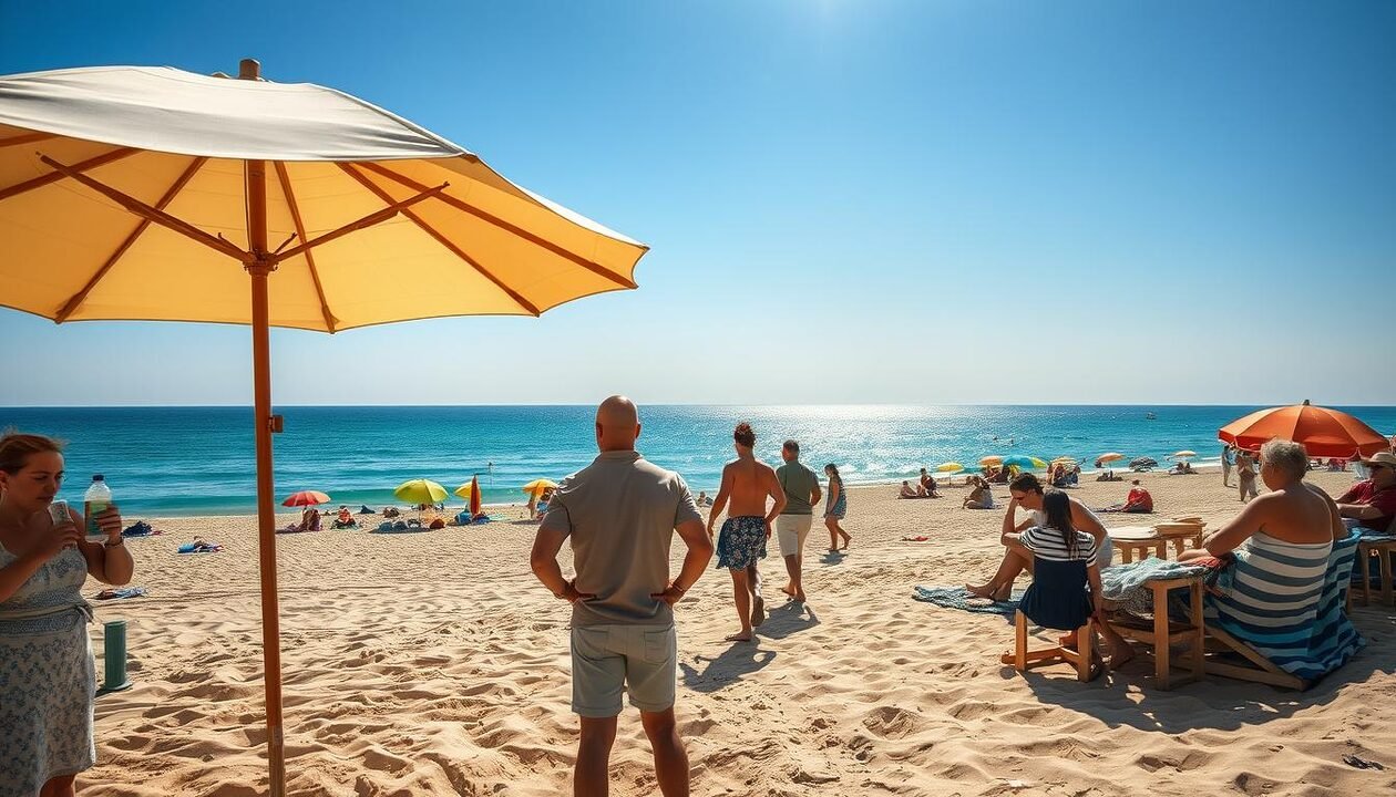 A serene coastal scene depicting the Vendée coastline under the relentless sun during a heatwave, highlighting the struggles faced by local communities. In the foreground, a group of people in modest casual clothing seek shade under a large beach umbrella, sharing water bottles and looking uneasy. The middle ground features a sandy beach lined with vibrant, colorful beach towels and umbrellas, while families enjoy the water despite the heat. In the background, the expansive blue ocean meets a cloudless sky, reflecting the harsh sunlight. The air shimmers with heat haze, emphasizing the intensity of the weather. This image should evoke a sense of urgency and resilience, illuminated by bright sunlight to convey the challenge of extreme temperatures in this picturesque yet vulnerable landscape. Use a wide-angle lens perspective to capture the vastness of the beach and ocean. A serene coastal scene depicting the Vendée coastline under the relentless sun during a heatwave, highlighting the struggles faced by local communities. In the foreground, a group of people in modest casual clothing seek shade under a large beach umbrella, sharing water bottles and looking uneasy. The middle ground features a sandy beach lined with vibrant, colorful beach towels and umbrellas, while families enjoy the water despite the heat. In the background, the expansive blue ocean meets a cloudless sky, reflecting the harsh sunlight. The air shimmers with heat haze, emphasizing the intensity of the weather. This image should evoke a sense of urgency and resilience, illuminated by bright sunlight to convey the challenge of extreme temperatures in this picturesque yet vulnerable landscape. Use a wide-angle lens perspective to capture the vastness of the beach and ocean.