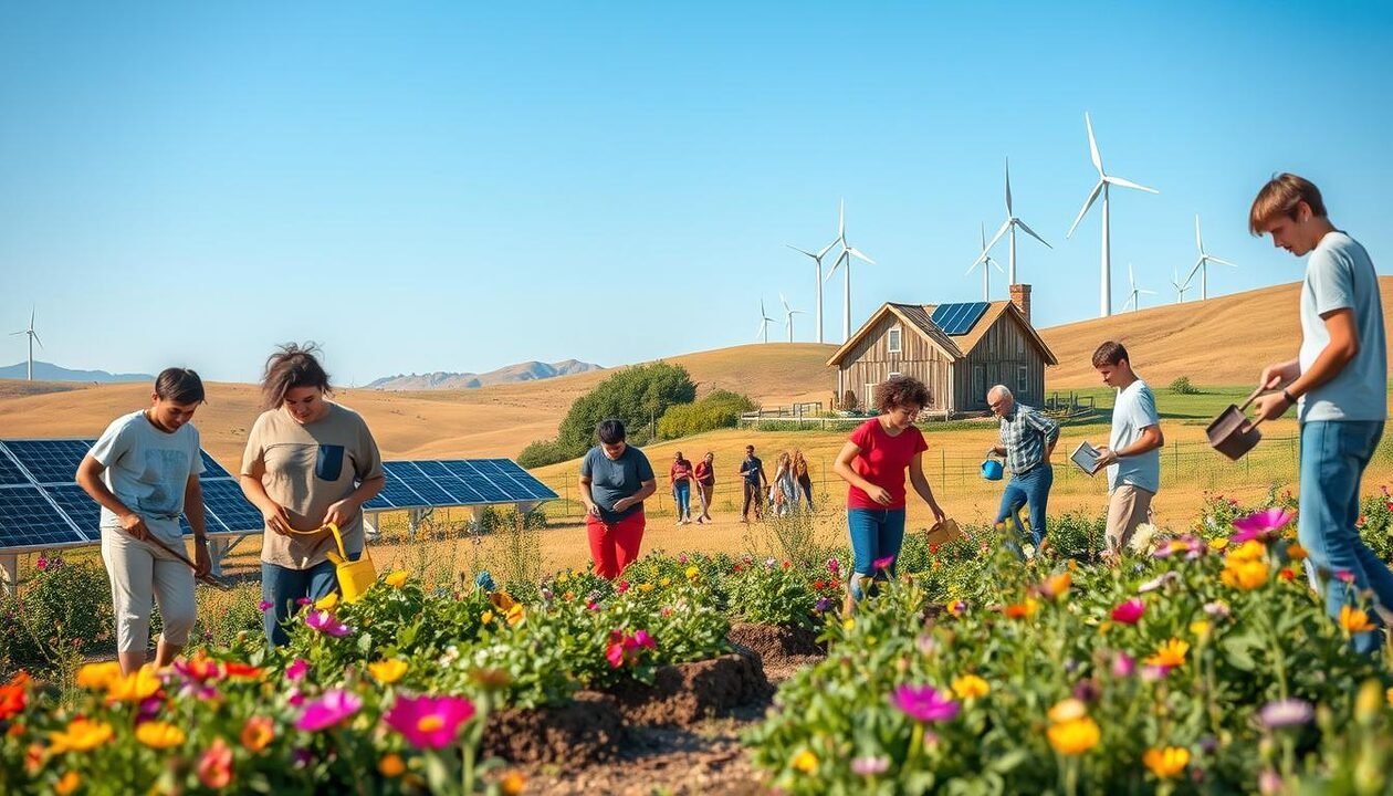 A serene landscape depicting low-tech sustainable technologies, featuring a vibrant community garden in the foreground with diverse individuals in modest casual clothing, tending to plants and utilizing simple tools like hand trowels and watering cans. In the middle ground, showcase solar panels seamlessly integrated into a rustic farmhouse and wind turbines surrounded by wildflowers, symbolizing harmony with nature. The background should present rolling hills under a clear blue sky, with soft, warm sunlight casting gentle shadows. Emphasize an atmosphere of hope and collaboration, capturing the essence of sustainable living and community resilience in the face of climate challenges. Use a wide-angle lens perspective to capture the breadth of the scene, while maintaining a bright and uplifting color palette.
