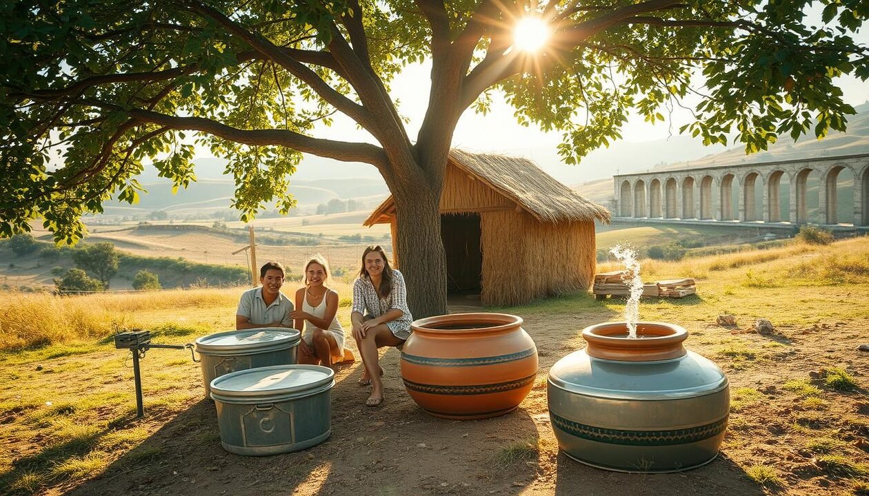 A serene outdoor setting depicting low-tech solutions to combat heat, featuring a cheerful family gathered around a shaded area under a large, leafy tree. In the foreground, a homemade solar still for water purification and a terracotta cooling pot filled with water, showcasing natural evaporation. In the middle ground, a small straw-bale structure with natural ventilation, complemented by wind catchers. The background consists of a sunlit countryside with rolling hills and an aqueduct, symbolizing sustainable water management. The scene is bathed in gentle golden hour light, creating a warm, inviting atmosphere. Capture this composition at eye level with a soft focus on the family, emphasizing a harmonious blend of nature and practical ingenuity. A serene outdoor setting depicting low-tech solutions to combat heat, featuring a cheerful family gathered around a shaded area under a large, leafy tree. In the foreground, a homemade solar still for water purification and a terracotta cooling pot filled with water, showcasing natural evaporation. In the middle ground, a small straw-bale structure with natural ventilation, complemented by wind catchers. The background consists of a sunlit countryside with rolling hills and an aqueduct, symbolizing sustainable water management. The scene is bathed in gentle golden hour light, creating a warm, inviting atmosphere. Capture this composition at eye level with a soft focus on the family, emphasizing a harmonious blend of nature and practical ingenuity.