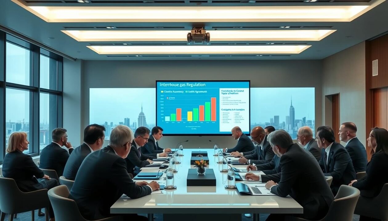 A sophisticated international meeting focused on greenhouse gas regulation, featuring delegates from various countries in professional business attire. In the foreground, a diverse group of officials discusses climate policies at a sleek conference table, surrounded by documents and digital devices. The middle ground showcases a large projection screen displaying graphs and charts outlining greenhouse gas emissions data and climate agreements. In the background, floor-to-ceiling windows reveal a city skyline, symbolizing progress and innovation. The lighting is bright and focused on the participants, creating a serious yet hopeful atmosphere. The composition is shot from a slight angle to emphasize collaboration and urgency in addressing climate change. A sophisticated international meeting focused on greenhouse gas regulation, featuring delegates from various countries in professional business attire. In the foreground, a diverse group of officials discusses climate policies at a sleek conference table, surrounded by documents and digital devices. The middle ground showcases a large projection screen displaying graphs and charts outlining greenhouse gas emissions data and climate agreements. In the background, floor-to-ceiling windows reveal a city skyline, symbolizing progress and innovation. The lighting is bright and focused on the participants, creating a serious yet hopeful atmosphere. The composition is shot from a slight angle to emphasize collaboration and urgency in addressing climate change.