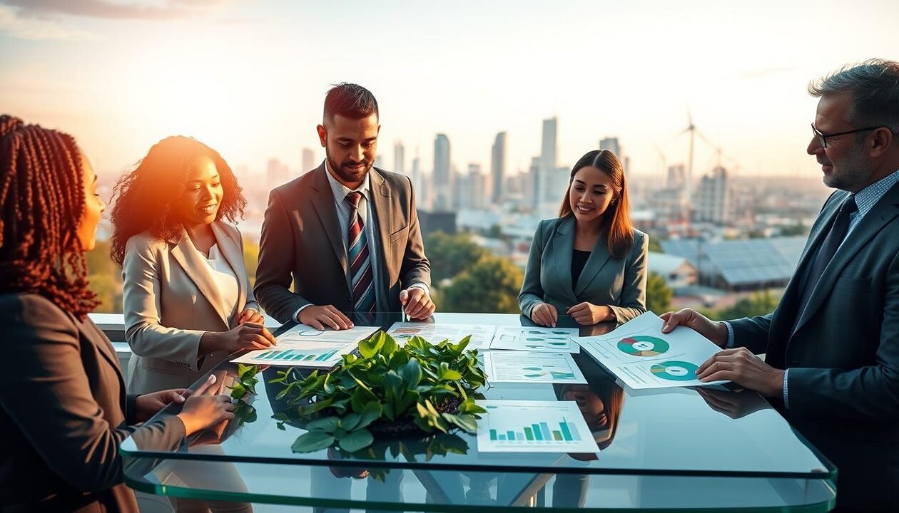 A vibrant and engaging scene depicting the integration of climate justice into public action. In the foreground, a diverse group of four professionals in business attire, including a Black woman, an Asian man, a Hispanic woman, and a Caucasian man, are gathered around a transparent table filled with documents and charts showing climate data. In the middle, lush greenery and urban elements blend harmoniously, illustrating the intersection of nature and policy. The background showcases a city skyline with renewable energy sources like wind turbines and solar panels, bathed in warm, golden sunlight, evoking a hopeful atmosphere. The overall mood is collaborative and dynamic, emphasizing innovation and community engagement in addressing climate justice. Soft focus on the background enhances the professional setting.