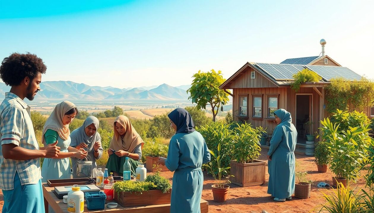 A vibrant and inspiring scene showcasing low-tech technologies and sustainable solutions for the future. In the foreground, illustrate a community workshop where people of diverse backgrounds are actively engaged in building eco-friendly devices, such as solar panels and water filters, wearing modest casual clothing. The middle ground features a lush, green garden with vertical planters, thriving plants, and solar panels integrated into a small eco-friendly building. In the background, distant hills under a clear blue sky create a serene atmosphere. Use warm, natural lighting to enhance the feeling of community and innovation, capturing the essence of harmony between technology and nature. The image should evoke optimism and practicality without any text or distractions.