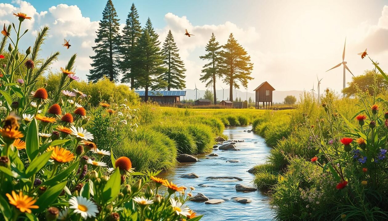 A vibrant ecosystem scene highlighting ecological services and biodiversity. In the foreground, a diverse array of native plants and flowers, with bees and butterflies actively pollinating. In the middle ground, a clear stream flows with lush greenery on either side, showcasing the interconnectedness of flora and fauna. A distant silhouette of a small eco-friendly community embraces sustainable practices, with solar panels and wind turbines integrated into the landscape. The background features tall trees under a bright, sunny sky with soft clouds, symbolizing vitality and life. The lighting is warm and inviting, creating a serene and harmonious atmosphere. The image should capture the importance of ecological services in sustaining life, with a focus on natural beauty and innovation. A vibrant ecosystem scene highlighting ecological services and biodiversity. In the foreground, a diverse array of native plants and flowers, with bees and butterflies actively pollinating. In the middle ground, a clear stream flows with lush greenery on either side, showcasing the interconnectedness of flora and fauna. A distant silhouette of a small eco-friendly community embraces sustainable practices, with solar panels and wind turbines integrated into the landscape. The background features tall trees under a bright, sunny sky with soft clouds, symbolizing vitality and life. The lighting is warm and inviting, creating a serene and harmonious atmosphere. The image should capture the importance of ecological services in sustaining life, with a focus on natural beauty and innovation.