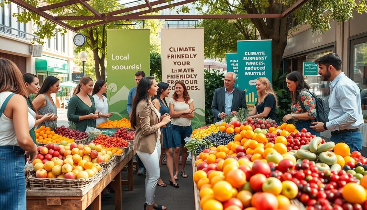 A vibrant farmer's market scene in a sunny urban setting, showcasing diverse fruits of the season like apples, oranges, and berries, arranged on wooden tables. In the foreground, a diverse group of individuals in smart casual attire are engaged in discussions about sustainable living practices, showing enthusiasm as they pick seasonal produce. In the middle, colorful banners educate visitors on climate-friendly choices, such as local sourcing and reduced waste. The background features eco-friendly shops and greenery, suggesting integration of nature with urban life. Soft, warm lighting enhances the inviting atmosphere, with a slight focus on the produce, creating a sense of community and awareness around climate issues.