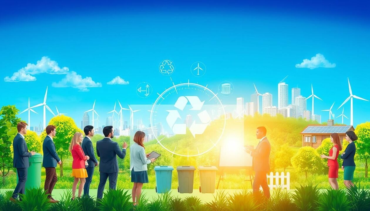 A vibrant, illustrative scene showcasing the concept of circular economy integration with waste management. In the foreground, a diverse group of professionals in business attire engage in a discussion around a large, interactive digital display depicting recycling processes and waste reduction strategies. The middle ground features a green urban landscape, with recycling bins, solar panels, and plants thriving in a sustainable community. In the background, a clear blue sky highlights a city skyline embracing eco-friendly architecture, with wind turbines and green roofs. The lighting is bright and inviting, conveying a sense of innovation and optimism. The atmosphere is dynamic and collaborative, emphasizing a forward-thinking approach to environmental challenges. A vibrant, illustrative scene showcasing the concept of circular economy integration with waste management. In the foreground, a diverse group of professionals in business attire engage in a discussion around a large, interactive digital display depicting recycling processes and waste reduction strategies. The middle ground features a green urban landscape, with recycling bins, solar panels, and plants thriving in a sustainable community. In the background, a clear blue sky highlights a city skyline embracing eco-friendly architecture, with wind turbines and green roofs. The lighting is bright and inviting, conveying a sense of innovation and optimism. The atmosphere is dynamic and collaborative, emphasizing a forward-thinking approach to environmental challenges.