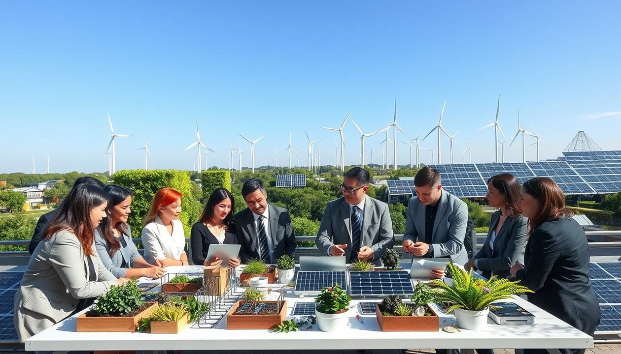 A vibrant scene representing energy transition and circular economy for climate action. In the foreground, a diverse group of professionals in business attire are engaged in a discussion around a modern table filled with eco-friendly prototypes and technology such as solar panels and recycled materials. The middle ground showcases a lush urban environment with green buildings covered in vertical gardens and solar panels, symbolizing innovation. The background features wind turbines and solar farms under a clear blue sky, highlighting renewable energy sources. The lighting is natural, casting soft shadows that enhance the sense of collaboration and hope. The mood is optimistic and forward-looking, emphasizing sustainability and teamwork.