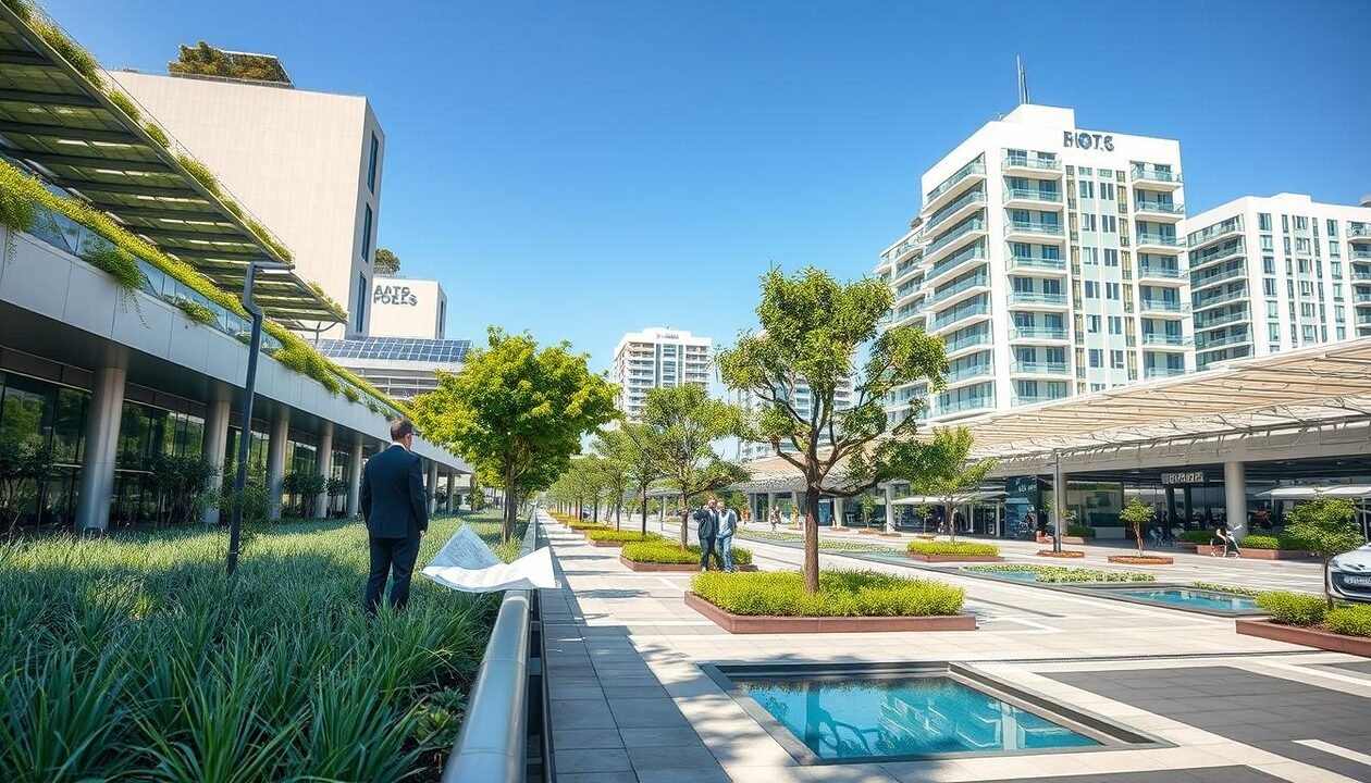 A vibrant urban scene depicting adaptations of infrastructure in response to extreme heat. In the foreground, showcase green roofs and solar panels on modern buildings, with professionals in business attire examining architectural blueprints. In the middle ground, include trees strategically planted for shade alongside heat-reflective pavement and water features, creating a cooling effect. In the background, illustrate smart buildings equipped with energy-efficient systems and dynamically adjusting awnings. The lighting should be bright and sunny, casting soft shadows to emphasize the innovative designs. Capture the mood of resilience and sustainability, highlighting harmony between urban life and climate adaptation, with a clear blue sky above. A vibrant urban scene depicting adaptations of infrastructure in response to extreme heat. In the foreground, showcase green roofs and solar panels on modern buildings, with professionals in business attire examining architectural blueprints. In the middle ground, include trees strategically planted for shade alongside heat-reflective pavement and water features, creating a cooling effect. In the background, illustrate smart buildings equipped with energy-efficient systems and dynamically adjusting awnings. The lighting should be bright and sunny, casting soft shadows to emphasize the innovative designs. Capture the mood of resilience and sustainability, highlighting harmony between urban life and climate adaptation, with a clear blue sky above.