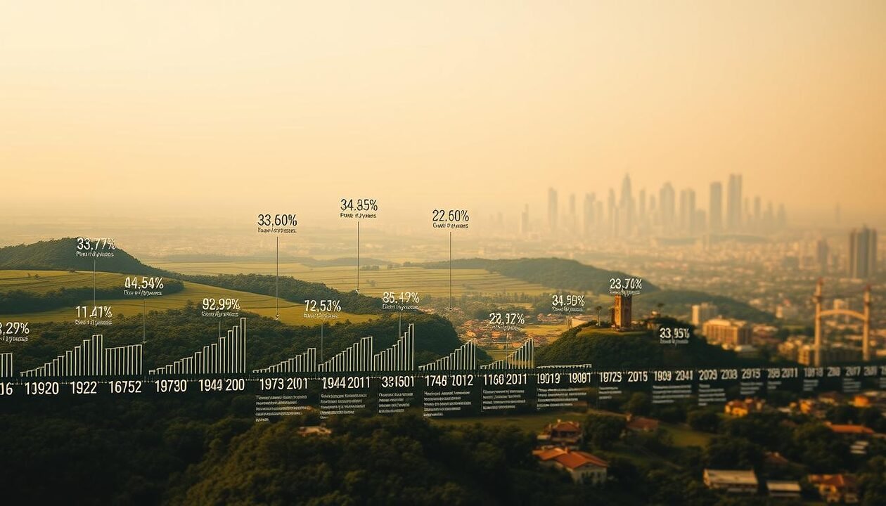 A visually engaging historical timeline illustrating the concept of "Day of Overshoot," prominently featuring a gradual progression of environmental and economic statistics. In the foreground, depict a series of vintage and modern numerical graphs and charts representing key dates and data points, symbolizing the evolution over time. The middle ground should show diverse landscapes, transitioning from lush green areas to urban spaces, showcasing the impact of human activity. In the background, include a hazy skyline that symbolizes urban development and industrialization. The lighting should be warm and inviting, evoking a sense of urgency and introspection. The atmosphere should reflect a thoughtful and serious tone, encouraging viewers to reflect on historical changes and their consequences. A visually engaging historical timeline illustrating the concept of "Day of Overshoot," prominently featuring a gradual progression of environmental and economic statistics. In the foreground, depict a series of vintage and modern numerical graphs and charts representing key dates and data points, symbolizing the evolution over time. The middle ground should show diverse landscapes, transitioning from lush green areas to urban spaces, showcasing the impact of human activity. In the background, include a hazy skyline that symbolizes urban development and industrialization. The lighting should be warm and inviting, evoking a sense of urgency and introspection. The atmosphere should reflect a thoughtful and serious tone, encouraging viewers to reflect on historical changes and their consequences.