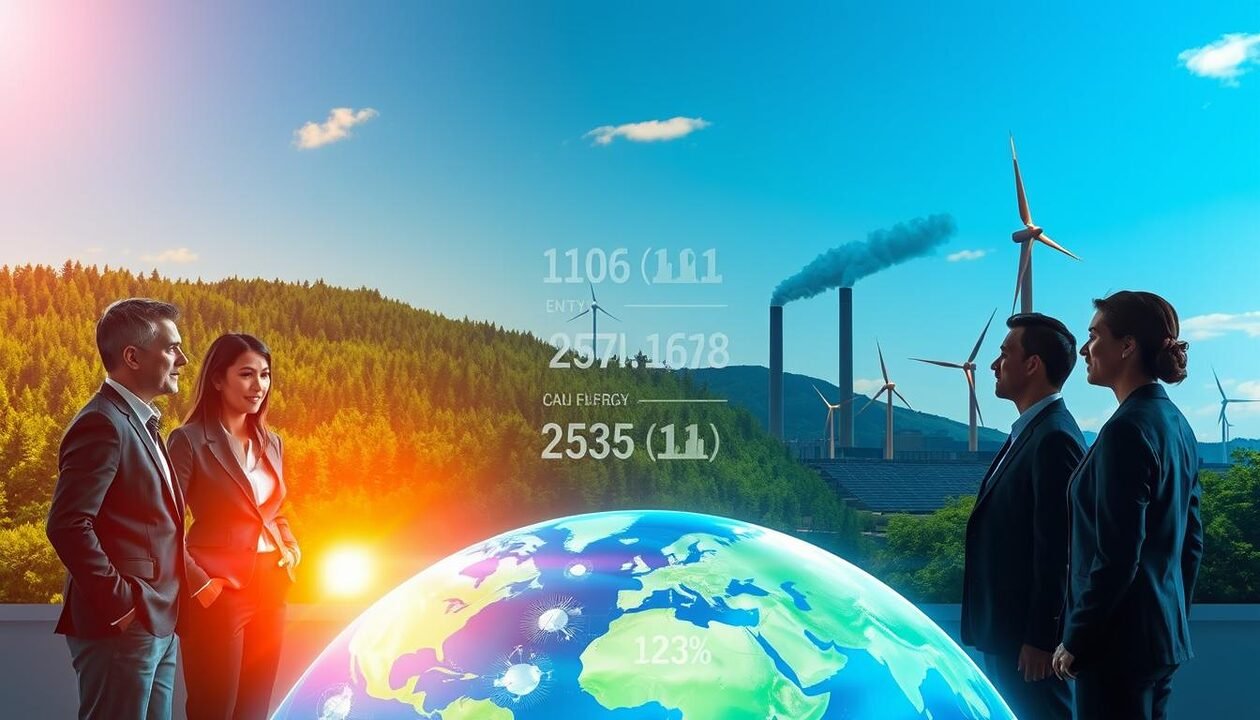 A visually striking illustration of the environmental impact of energy and climate change. In the foreground, a diverse group of four professionals in modest business attire are examining a holographic globe displaying climate data and energy consumption statistics. In the middle ground, lush green forests and clear blue skies contrast sharply with industrial smokestacks emitting dark smoke, symbolizing the clash between nature and pollution. In the background, a silhouette of wind turbines and solar panels is visible against a vibrant sunset, representing renewable energy solutions. The scene is brightly lit, emphasizing the hope for a sustainable future, with a warm and inspiring atmosphere that invites contemplation of environmental responsibility.