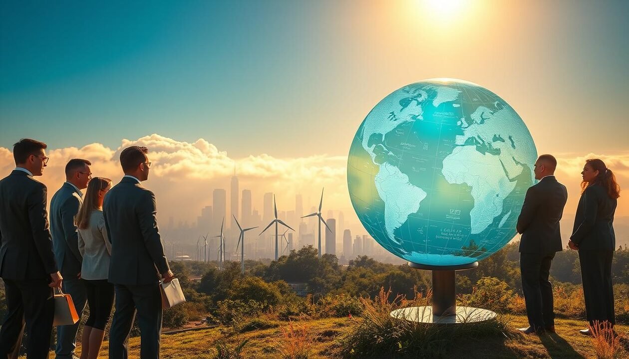 A visually striking representation of geoengineering and climate change. In the foreground, a diverse group of professionals in business attire examines a digital globe displaying intricate graphics of climate data and geoengineering solutions. In the middle ground, wind turbines and solar panels symbolize sustainable technologies, surrounded by lush greenery and a clear blue sky. The background features a dramatic skyline of a modern city partially shrouded in smog, emphasizing the urgency of climate action. The scene is bathed in warm, golden sunlight, casting dynamic shadows and highlighting the stark contrast between nature and industrialization. The atmosphere conveys both hope and the weight of impending consequences, underlining the themes of planetary limits and climate impacts.