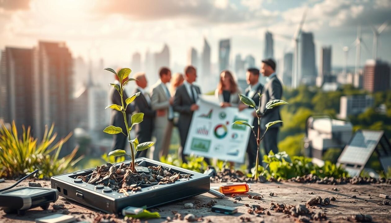 A visually striking representation of the challenges of planned obsolescence within a sustainable transition. In the foreground, a broken electronic device, symbolizing obsolescence, is juxtaposed with a thriving sapling emerging from eco-friendly materials. In the middle ground, a diverse group of professionals in business attire is engaged in a discussion, surrounded by charts and green energy concepts. The background features a cityscape transitioning from gray to green, with renewable energy sources like wind turbines and solar panels. The lighting is bright and hopeful, casting a warm, optimistic glow across the scene, while soft focus on the cityscape creates depth. The mood is one of collaboration, innovation, and urgency in confronting environmental challenges.