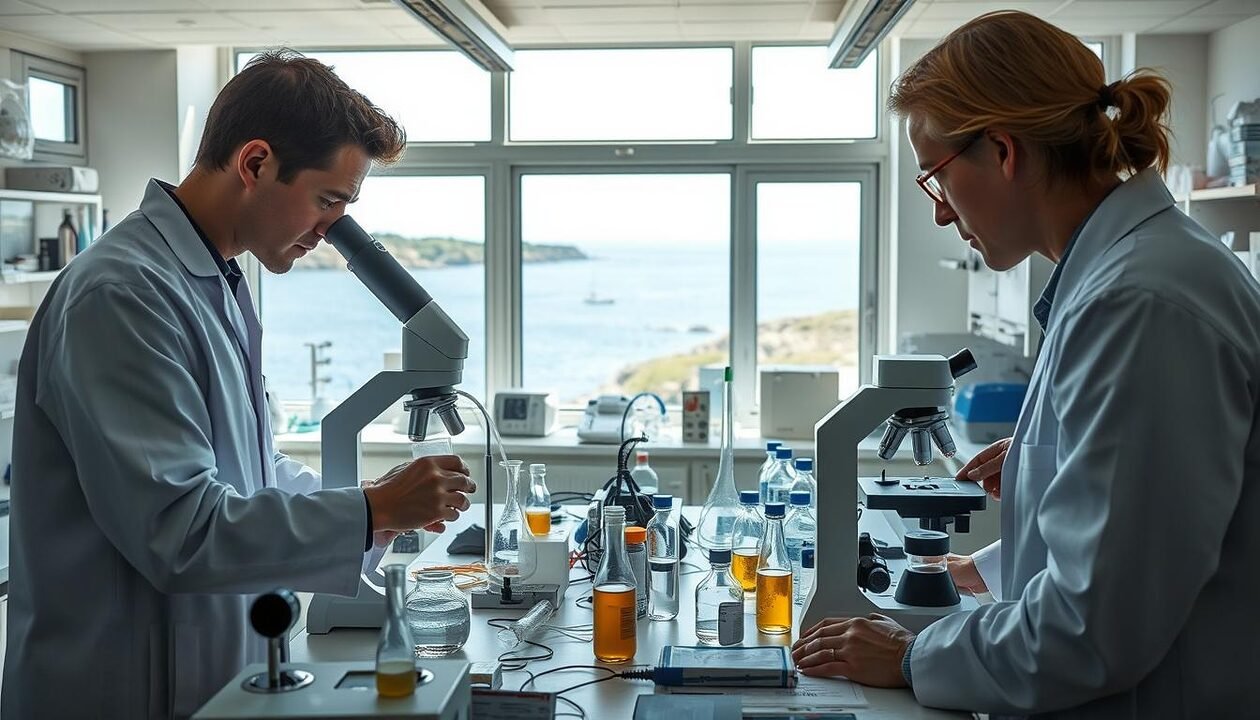 A coastal laboratory in France focused on depollution and research on PFAS, with scientists in professional attire working on advanced analytical equipment. In the foreground, a researcher examines a water sample under a microscope, showcasing concentration and dedication. The middle ground features laboratory benches cluttered with scientific instruments, beakers, and samples, adding a sense of activity and purpose. In the background, windows reveal a view of the serene French coastline, symbolizing the importance of environmental preservation. Natural daylight streams through, illuminating the workspace and creating a clean, hopeful atmosphere. The scene conveys a serious yet optimistic mood, emphasizing the critical efforts in addressing environmental pollution.