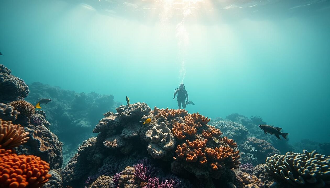 A dramatic underwater scene showcasing the impact of climate change on ocean ecosystems. In the foreground, vibrant coral reefs are shown, though parts are bleached and dying. Mysterious marine life, such as colorful fish and sea turtles, navigate through the reef, illustrating the biodiversity at risk. In the middle ground, a diver in professional gear examines the deterioration of the coral, emphasizing human interaction with the ocean. The background features a hazy, murky ocean illuminated by soft, filtered sunlight breaking through the water's surface, creating an ethereal atmosphere. The lighting should evoke a sense of urgency, highlighting the tension between the beauty of the ocean and the looming threats of pollution and climate change. Maintain a realistic style with intricate details, aiming for a compelling narrative that captures the essence of climate challenges and ocean conservation.
