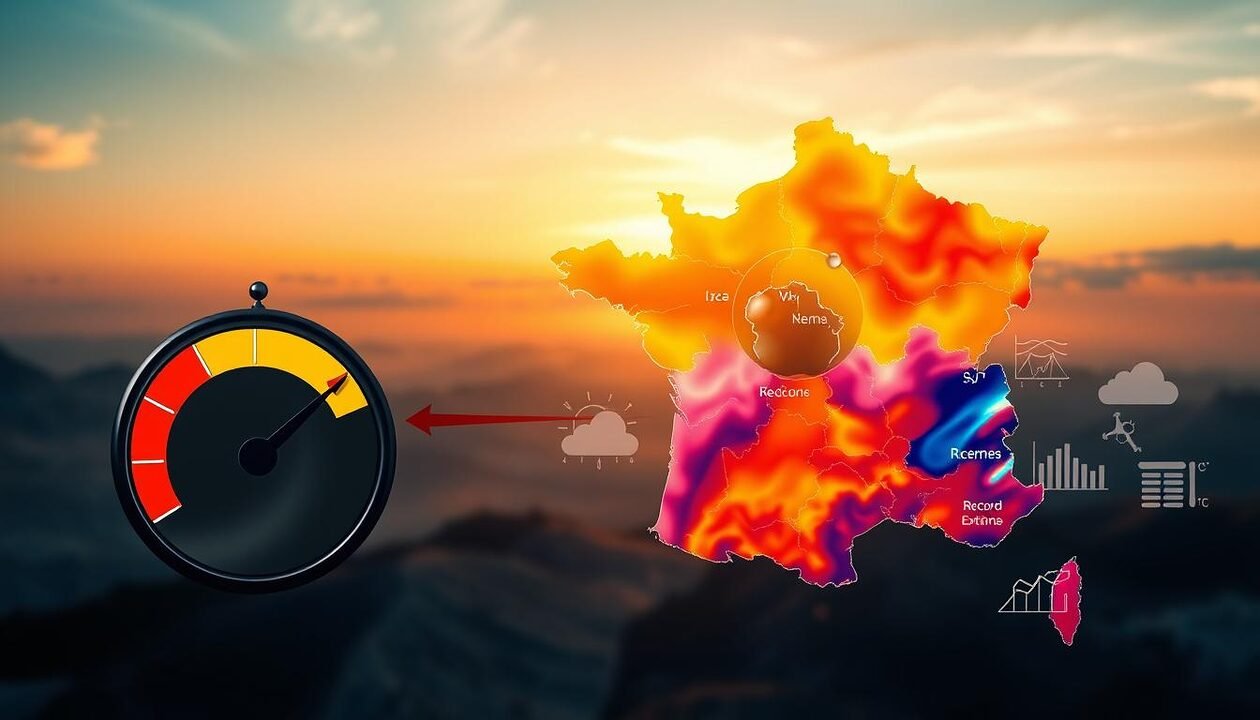 A dynamic visualization of regional extremes, featuring a map of France highlighted with vivid colors representing extreme temperatures. In the foreground, a stylized temperature gauge conveys the concept of heat, with arrows pointing towards different regions affected by record temperatures. The middle ground includes scientific icons like weather patterns and climate data charts, subtly interwoven with the map, illustrating the mechanisms behind these extremes. The background depicts a sunset sky, casting warm, golden light that creates an atmospheric contrast with cool blue tones of regions experiencing lower temperatures. The overall mood is informative yet urgent, capturing the essence of climate change's impact on local environments, portrayed through a professional and engaging lens.