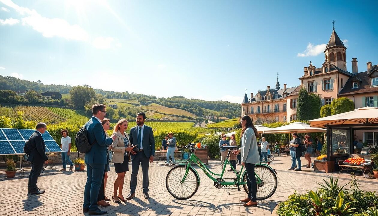 A picturesque scene showcasing French innovations in sustainable tourism development. In the foreground, a diverse group of professionals in business attire engage in a lively discussion around a high-tech eco-friendly travel solution, such as an electric vehicle or solar-powered bicycle. In the middle ground, we see a vibrant village square filled with solar panels and greenery, where locals promote organic produce and artisan crafts. The background features iconic French landscapes, such as rolling hills with vineyards and a historic chateau, under a bright blue sky with soft, warm sunlight casting delightful shadows. The mood is optimistic and forward-thinking, emphasizing harmony between technology, culture, and nature in the realm of tourism. The angle captures the depth of the scene, inviting viewers into this innovative future.