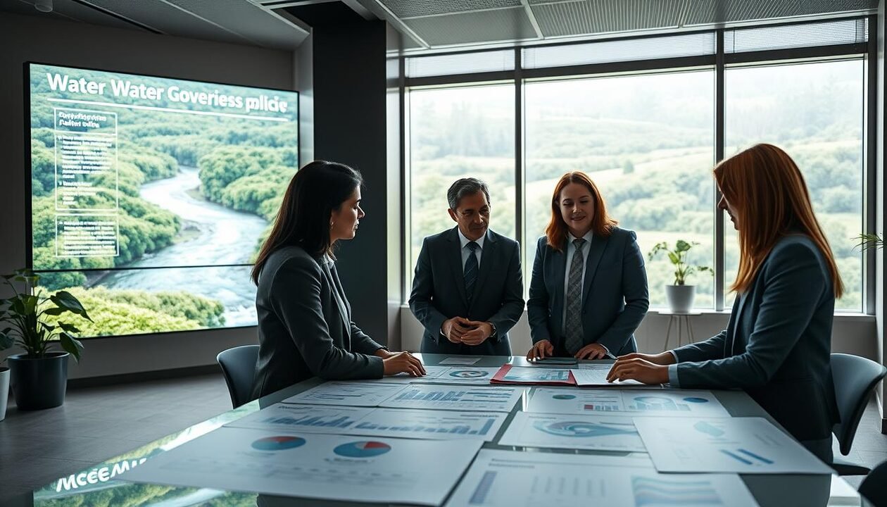A professional, serene office environment focusing on water governance and progressive pricing. In the foreground, a diverse group of three people in business attire engaged in a collaborative discussion around a large table filled with charts and graphs. The middle ground features a large window displaying a lush green landscape with a flowing river, symbolizing water resources. In the background, a digital screen displays data on water management policies. Soft, natural lighting filters in, creating an inviting atmosphere. The overall mood is one of professionalism and seriousness, reflecting the importance of sustainable water governance. The image should be captured from a slightly elevated angle, emphasizing the group and their serious engagement with the subject. A professional, serene office environment focusing on water governance and progressive pricing. In the foreground, a diverse group of three people in business attire engaged in a collaborative discussion around a large table filled with charts and graphs. The middle ground features a large window displaying a lush green landscape with a flowing river, symbolizing water resources. In the background, a digital screen displays data on water management policies. Soft, natural lighting filters in, creating an inviting atmosphere. The overall mood is one of professionalism and seriousness, reflecting the importance of sustainable water governance. The image should be captured from a slightly elevated angle, emphasizing the group and their serious engagement with the subject.