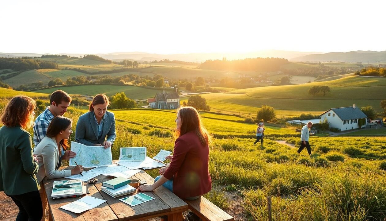 A serene French countryside landscape, showcasing a vibrant eco-tourism project in action. In the foreground, a group of diverse professionals in smart casual attire discusses sustainable tourism strategies around a rustic wooden table filled with mapping materials and eco-friendly brochures. The middle ground features charming cottages and green fields, dotted with visitors engaging in responsible outdoor activities like hiking and organic farming. In the background, the iconic rolling hills of Provence are bathed in warm, golden light during the late afternoon, creating an inviting atmosphere. The scene captures a sense of collaboration and innovation in sustainable tourism practices, emphasizing nature and community engagement, with soft, natural lighting for a harmonious feel.