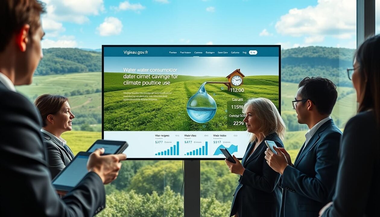 A serene and informative scene showcasing the concept of water management in the context of climate awareness. In the foreground, a diverse group of professionals engaged in discussion, dressed in business attire, with digital tablets displaying water consumption data. In the middle ground, a sleek, modern interface of the vigieau.gouv.fr website is depicted on a large screen, highlighting graphs and water-saving tips. The background features a lush green landscape with a clear blue sky, symbolizing a healthy environment. Soft, natural lighting enhances the image, creating an optimistic atmosphere. The angle is slightly elevated, capturing the collaboration and focus on sustainable water use, reflecting the importance of managing water resources for climate change adaptation. A serene and informative scene showcasing the concept of water management in the context of climate awareness. In the foreground, a diverse group of professionals engaged in discussion, dressed in business attire, with digital tablets displaying water consumption data. In the middle ground, a sleek, modern interface of the vigieau.gouv.fr website is depicted on a large screen, highlighting graphs and water-saving tips. The background features a lush green landscape with a clear blue sky, symbolizing a healthy environment. Soft, natural lighting enhances the image, creating an optimistic atmosphere. The angle is slightly elevated, capturing the collaboration and focus on sustainable water use, reflecting the importance of managing water resources for climate change adaptation.