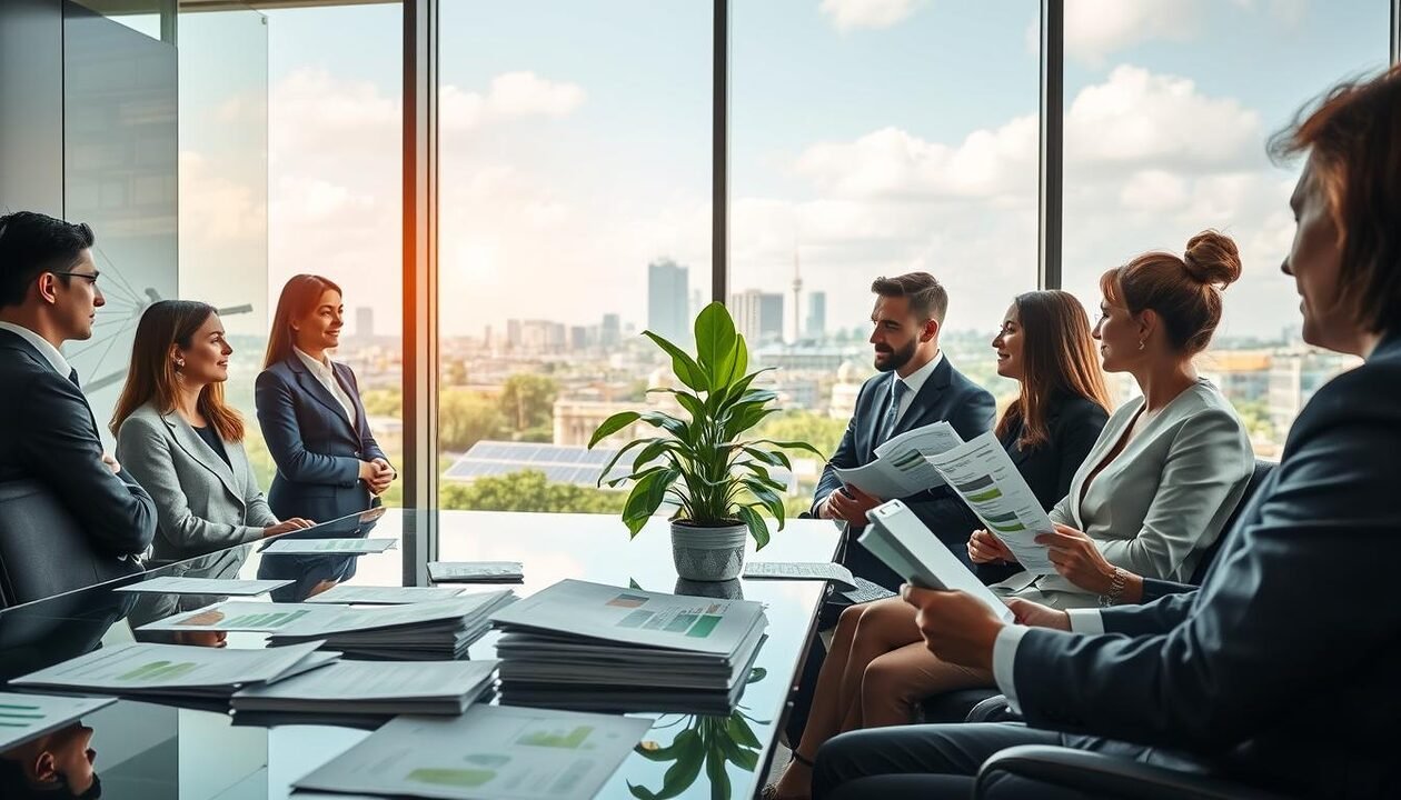 A serene and professional corporate office environment, focusing on a modern glass desk adorned with green financial reports and eco-friendly investment brochures. In the foreground, a diverse group of business professionals in formal attire, engaged in a discussion, exchanging ideas on sustainable finance and responsible investment practices. The middle ground showcases a large indoor plant symbolizing growth and sustainability, alongside a digital display featuring eco-friendly graphs and charts illustrating the impact of green finance. In the background, a large window reveals a vibrant cityscape with solar panels and green rooftops, bathed in soft, natural light. The atmosphere is optimistic and forward-thinking, emphasizing collaboration in the fight against climate change. A serene and professional corporate office environment, focusing on a modern glass desk adorned with green financial reports and eco-friendly investment brochures. In the foreground, a diverse group of business professionals in formal attire, engaged in a discussion, exchanging ideas on sustainable finance and responsible investment practices. The middle ground showcases a large indoor plant symbolizing growth and sustainability, alongside a digital display featuring eco-friendly graphs and charts illustrating the impact of green finance. In the background, a large window reveals a vibrant cityscape with solar panels and green rooftops, bathed in soft, natural light. The atmosphere is optimistic and forward-thinking, emphasizing collaboration in the fight against climate change.