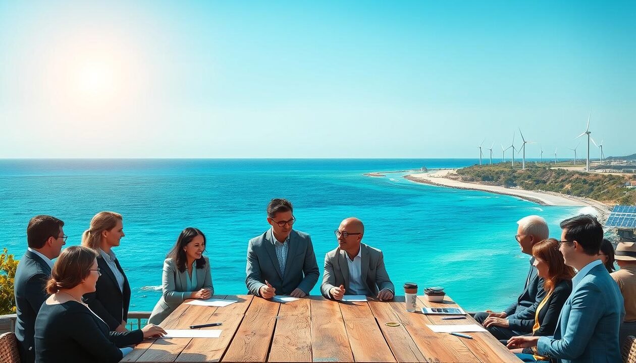 A serene coastal scene illustrating the concept of green finance and responsible investment as a solution to marine pollution. Foreground: a diverse group of professionals in business attire engaging in discussions around a table made of reclaimed wood, showcasing eco-friendly materials. Middle ground: a clear blue ocean showing a gradual transition from polluted areas with plastic waste to clean waters, symbolizing hope and restoration. Background: a coastline with wind turbines and solar panels, emphasizing sustainable energy solutions. The lighting is bright and uplifting, with a warm sun illuminating the scene, creating a sense of optimism and urgency. The atmosphere is calm yet determined, capturing the essence of innovative solutions in the fight against marine pollution.