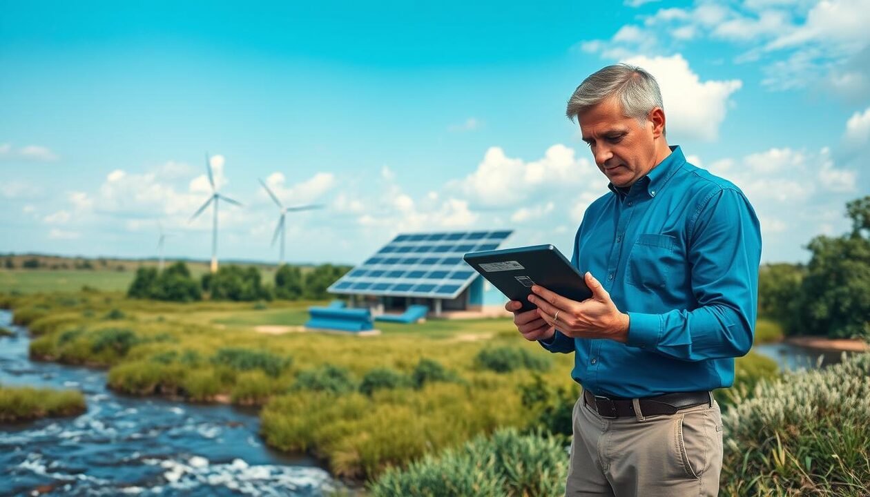 A serene landscape showcasing a water management monitoring station, focused on the theme of water and climate. In the foreground, a professional wearing a fitted blue shirt and khaki pants analyzes data on a tablet, surrounded by charts illustrating water levels and climate impact. In the middle ground, the station with solar panels and wind turbines harmoniously integrates with nature, featuring a vibrant green environment and gentle flowing water. The background has a clear blue sky with soft, fluffy clouds, reflecting a calm and hopeful atmosphere. The lighting is natural and bright, suggesting midday, inviting optimism about environmental stewardship. The overall mood conveys a sense of responsibility and connection to the climate, emphasizing the importance of water management. A serene landscape showcasing a water management monitoring station, focused on the theme of water and climate. In the foreground, a professional wearing a fitted blue shirt and khaki pants analyzes data on a tablet, surrounded by charts illustrating water levels and climate impact. In the middle ground, the station with solar panels and wind turbines harmoniously integrates with nature, featuring a vibrant green environment and gentle flowing water. The background has a clear blue sky with soft, fluffy clouds, reflecting a calm and hopeful atmosphere. The lighting is natural and bright, suggesting midday, inviting optimism about environmental stewardship. The overall mood conveys a sense of responsibility and connection to the climate, emphasizing the importance of water management.