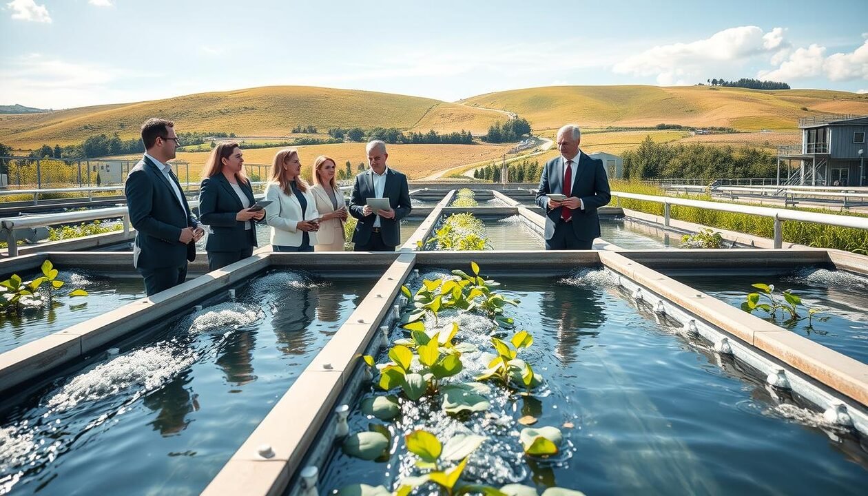 A serene, modern water treatment facility in France, illustrating the reuse of wastewater. In the foreground, a diverse group of professionals in business attire intently discuss sustainable practices, holding digital tablets. The middle ground features advanced filtration systems with clear, flowing water, surrounded by green plants, symbolizing eco-friendliness. The background showcases a bright blue sky and rolling hills, emphasizing the integration of technology and nature. Soft, natural sunlight illuminates the scene, creating a hopeful and dynamic atmosphere. A wide-angle lens perspective captures the scale of the facility, inviting viewers to envision the innovative solutions for water reuse in a sustainable future. A serene, modern water treatment facility in France, illustrating the reuse of wastewater. In the foreground, a diverse group of professionals in business attire intently discuss sustainable practices, holding digital tablets. The middle ground features advanced filtration systems with clear, flowing water, surrounded by green plants, symbolizing eco-friendliness. The background showcases a bright blue sky and rolling hills, emphasizing the integration of technology and nature. Soft, natural sunlight illuminates the scene, creating a hopeful and dynamic atmosphere. A wide-angle lens perspective captures the scale of the facility, inviting viewers to envision the innovative solutions for water reuse in a sustainable future.
