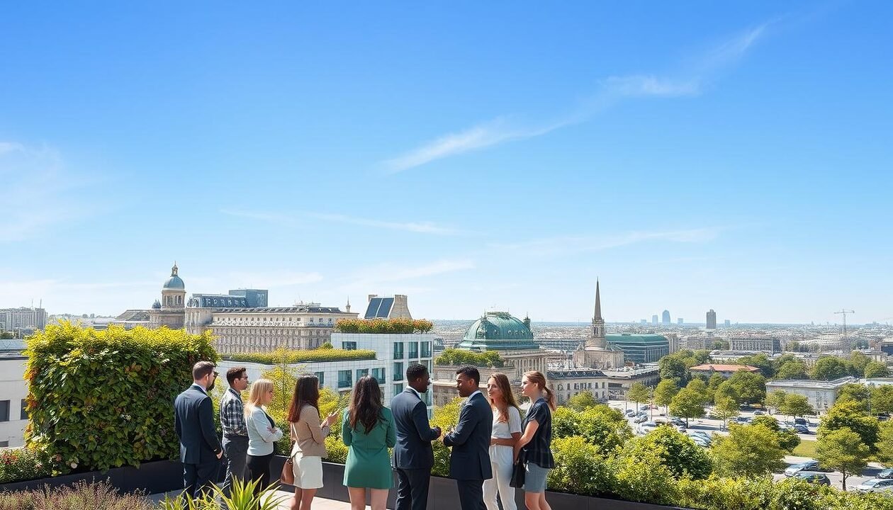 A serene urban landscape under a clear blue sky, illustrating the concept of sustainable alternatives to combat the societal impact of extreme heat in France. In the foreground, a group of diverse individuals in professional attire are engaged in a collaborative discussion, surrounded by vertical gardens and solar panels. In the middle ground, eco-friendly architecture blends with nature, featuring green rooftops and rainwater collection systems. The background showcases a bustling city scene with electric vehicles and shaded park areas. Soft, diffused natural lighting highlights the optimism of a community striving for sustainability. The overall atmosphere is hopeful and innovative, symbolizing resilience against climate challenges while promoting sustainable living.