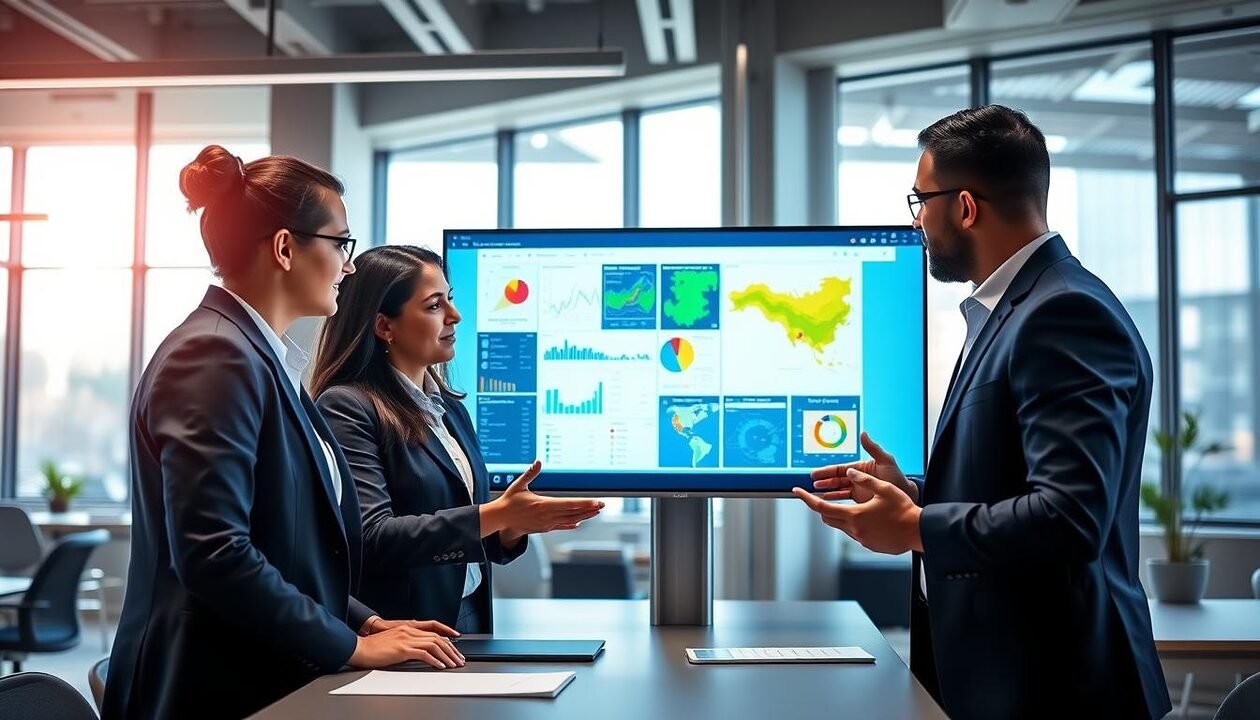 A sleek, modern digital workspace illustrating the functionalities of the Vigie Eau platform. In the foreground, a diverse team of three professionals, dressed in smart business attire, are engaged in a discussion, analyzing colorful, interactive data visualizations on a large screen. In the middle, display elements like graphs, maps, and flowcharts symbolize water management and environmental monitoring, showcasing real-time data analysis. The background features a contemporary office setting with large windows allowing natural light to pour in, enhancing productivity. The atmosphere is collaborative and focused, with a slight technological ambiance, reflecting innovation and teamwork in environmental science. Focus on clear lighting, slight depth of field, and a dynamic angle that captures both the team and the vibrant data displays prominently.
