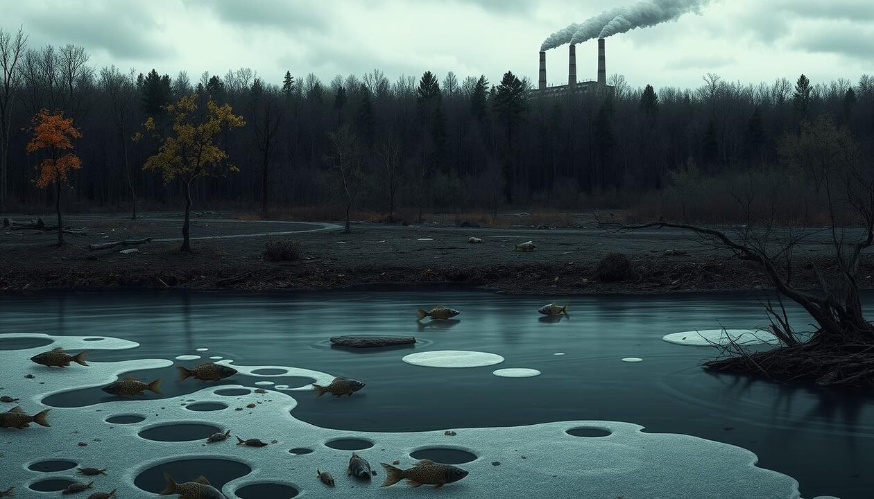 A stark, illustrative scene demonstrating the environmental impact of PFAS (per- and polyfluoroalkyl substances). In the foreground, a polluted river with visible foam and debris, causing harm to fish swimming near the surface. In the middle ground, a wilting forest showcasing trees with discolored leaves and an earthy landscape with scattered waste. In the background, a factory emitting vapor and smoke into the sky, indicating industrial pollution. The lighting should be dim, with overcast skies contributing to a somber, reflective mood. Capture this with a slightly elevated viewpoint, emphasizing the contrast between the neglected environment and the harmful effects of PFAS. The image should elicit concern about pollution and its long-lasting effects on nature.