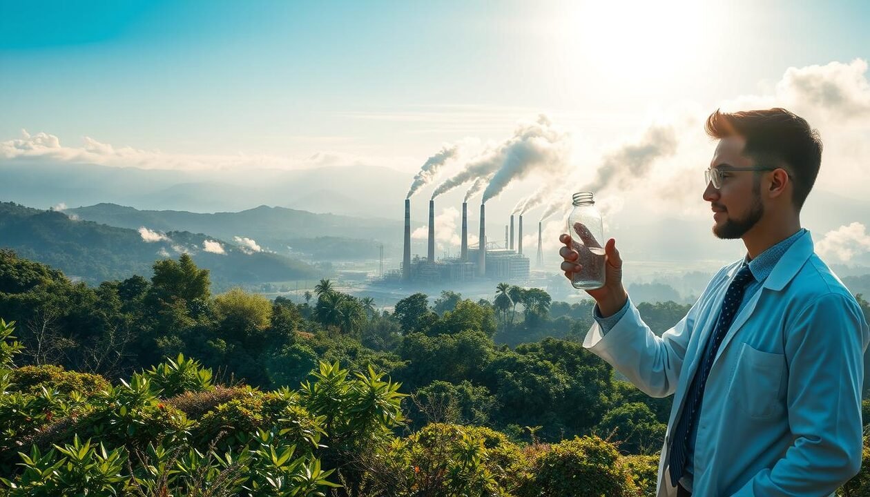 A visually striking illustration of nitrous oxide (N₂O) and its environmental impact, set in a dramatic landscape. In the foreground, a scientist in professional business attire examines a laboratory sample, showcasing advanced chemical analysis equipment. The middle ground features a lush, thriving ecosystem with diverse plants and wildlife, indicating the potential balance of nature. In stark contrast, the background reveals an industrial area emitting vapors and gases, symbolizing pollution and its detrimental effects. The sky shifts from a clear blue to a smoggy haze, creating a somber yet thought-provoking mood. Use a high-resolution lens to capture detailed textures and emphasize the changing environment due to nitrogen oxide emissions. Lighting should be soft yet dramatic, casting shadows that highlight the contrast between nature and industry. A visually striking illustration of nitrous oxide (N₂O) and its environmental impact, set in a dramatic landscape. In the foreground, a scientist in professional business attire examines a laboratory sample, showcasing advanced chemical analysis equipment. The middle ground features a lush, thriving ecosystem with diverse plants and wildlife, indicating the potential balance of nature. In stark contrast, the background reveals an industrial area emitting vapors and gases, symbolizing pollution and its detrimental effects. The sky shifts from a clear blue to a smoggy haze, creating a somber yet thought-provoking mood. Use a high-resolution lens to capture detailed textures and emphasize the changing environment due to nitrogen oxide emissions. Lighting should be soft yet dramatic, casting shadows that highlight the contrast between nature and industry.